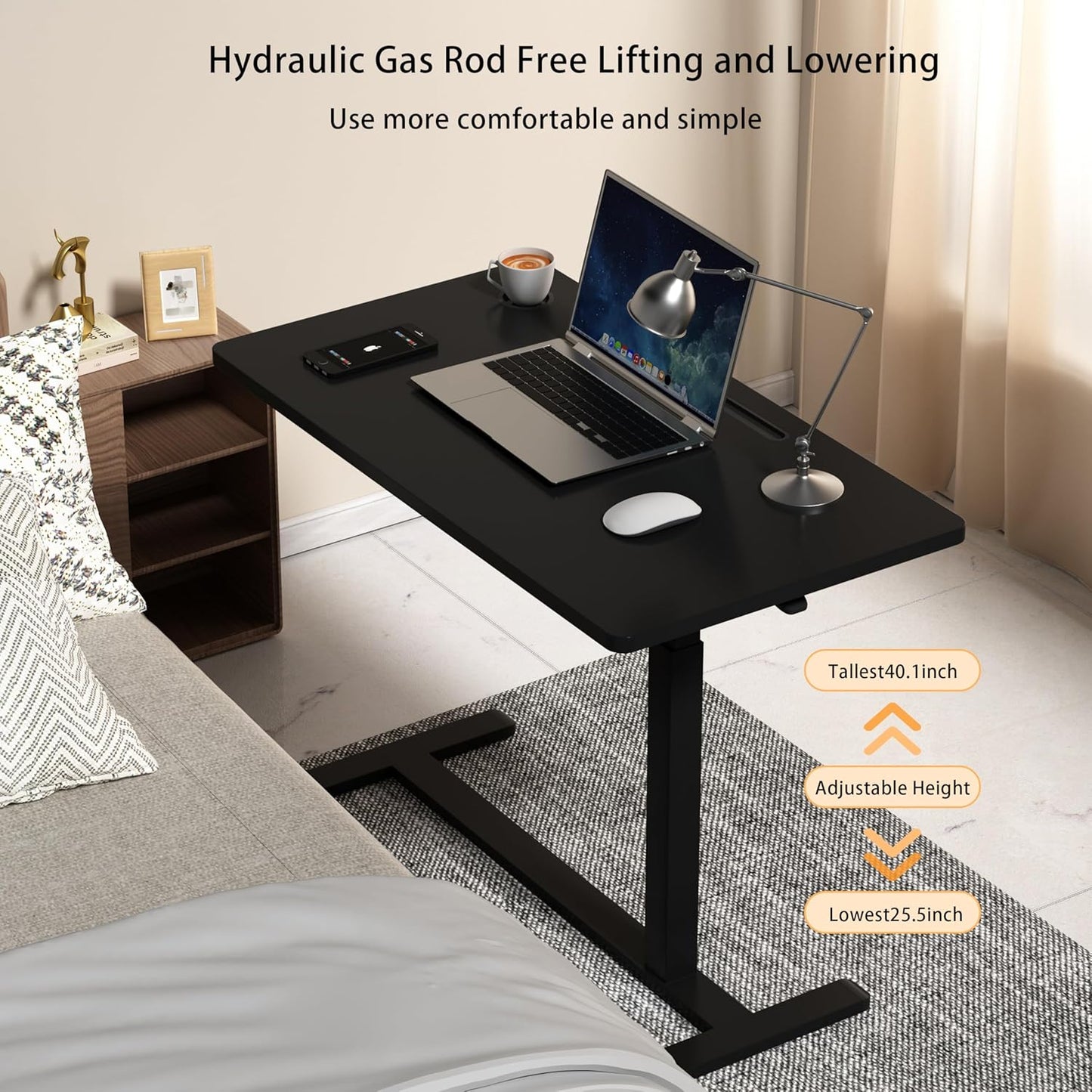 Home Office Desks Height Adjustable with 360° Moveable Hidden Wheels,Multifunctional Pneumatic Laptop Desk Suitable for Sofa、Bedside、Study and Work Use,Black