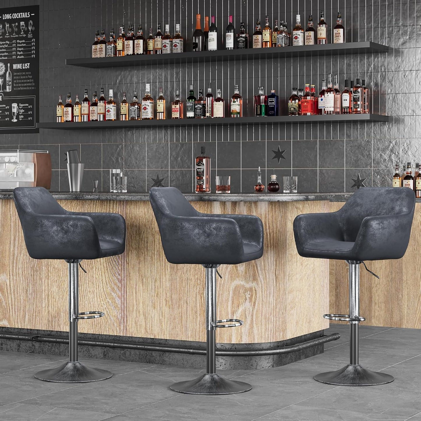 Keyluv Bar Stools Set of 2 for Kitchen Counter Adjustable Height Swivel Barstools 29 Inch Faux Leather Bar Chairs with Padded Back and Chromed Metal Base, Retro Black