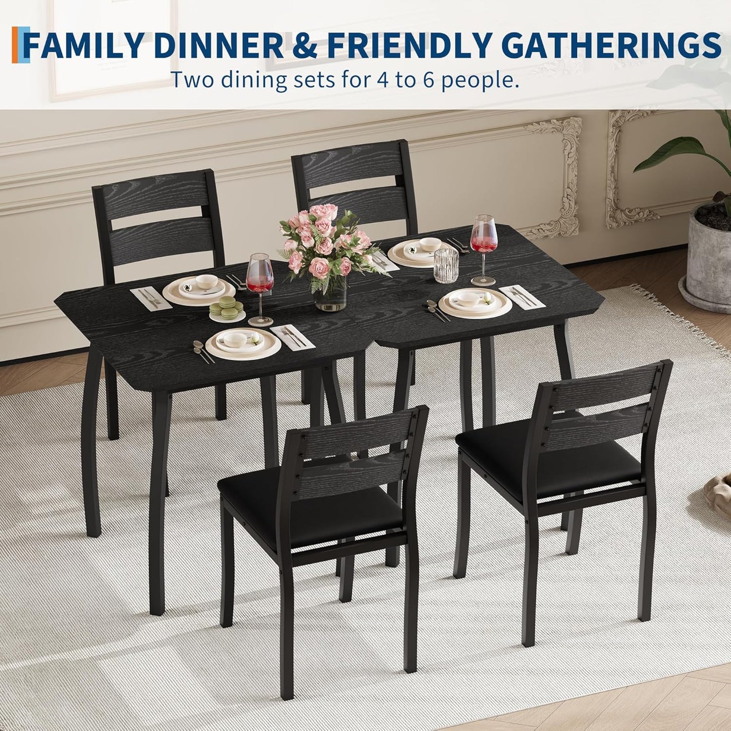 Small Dining Table Set for 2,3-Piece Kitchen Table Set with Thick Wood Grain Tabletop & 2 Upholstered Chairs & Metal Frame, Compact Table Set for Small Spaces, Kitchens & Dining Rooms (Black)