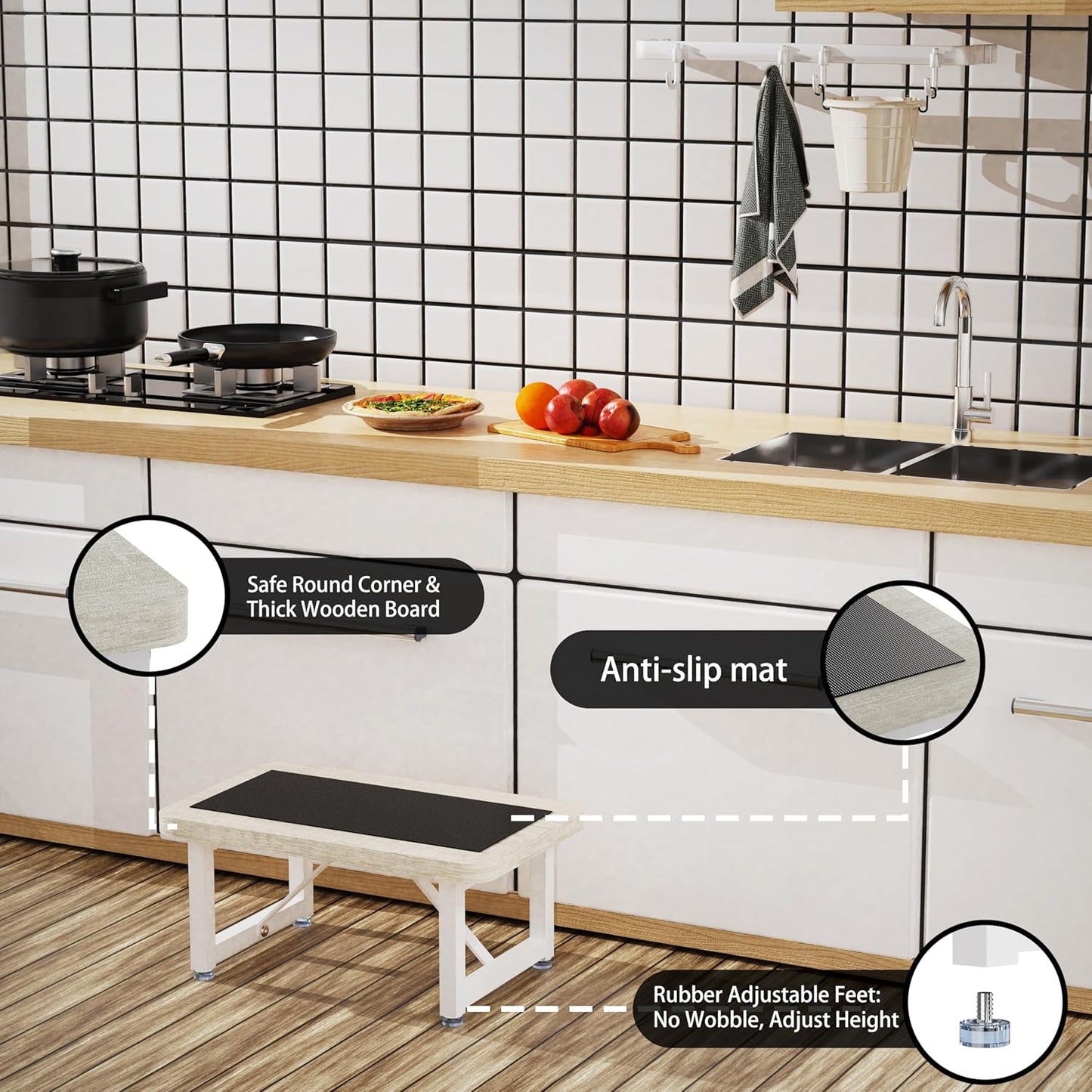 One Step Stool, Wooden Foot Stool for Adults, Heavy Duty Small Stepping Stool for High Bed, Kitchen Counter, Natural