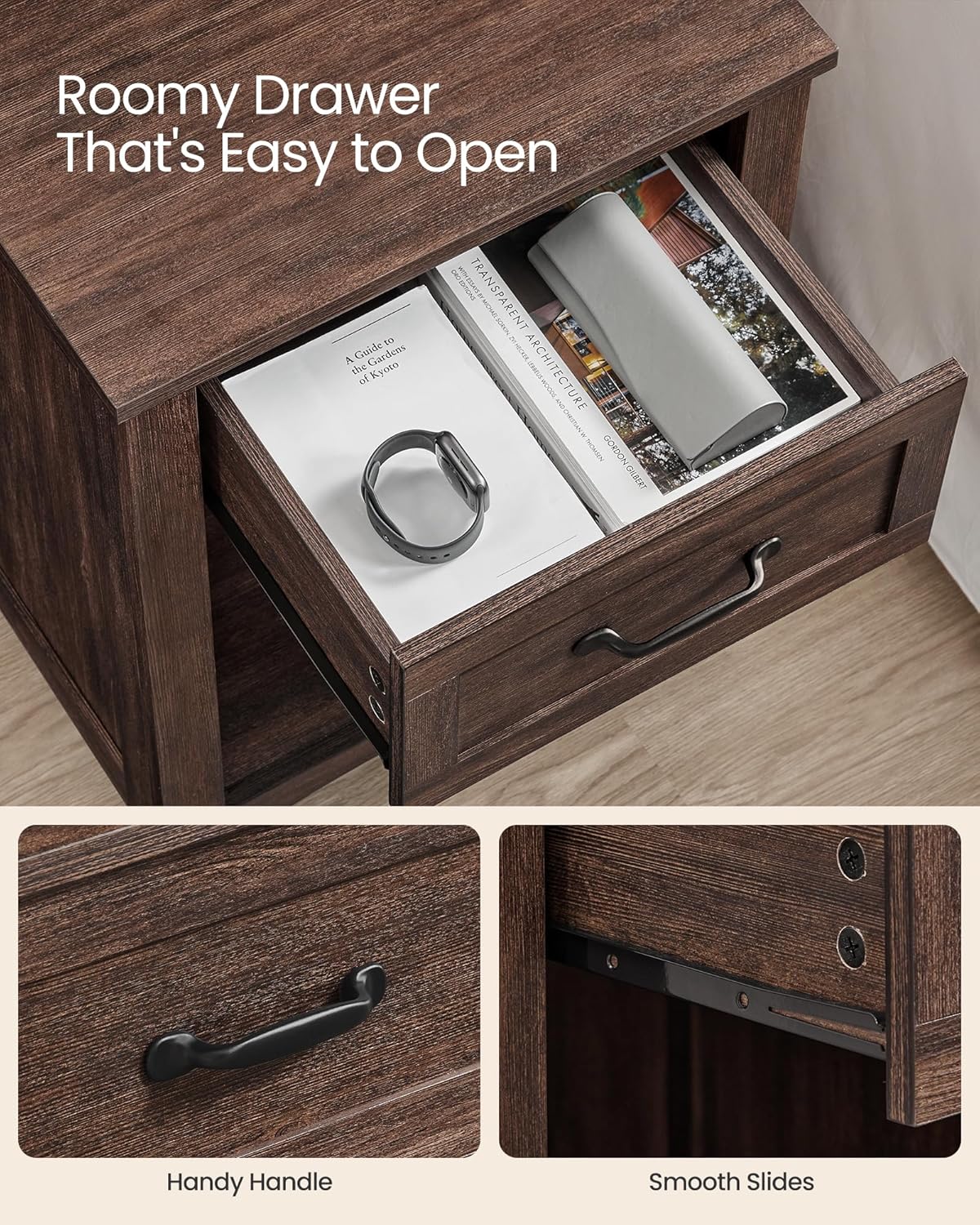 VASAGLE LIRY Collection - Farmhouse Nightstands with Charging Station, Set of 2 Bedside Tables, Side Tables with Drawer, Open Compartment, for Bedroom, Maroon Brown ULET959K51