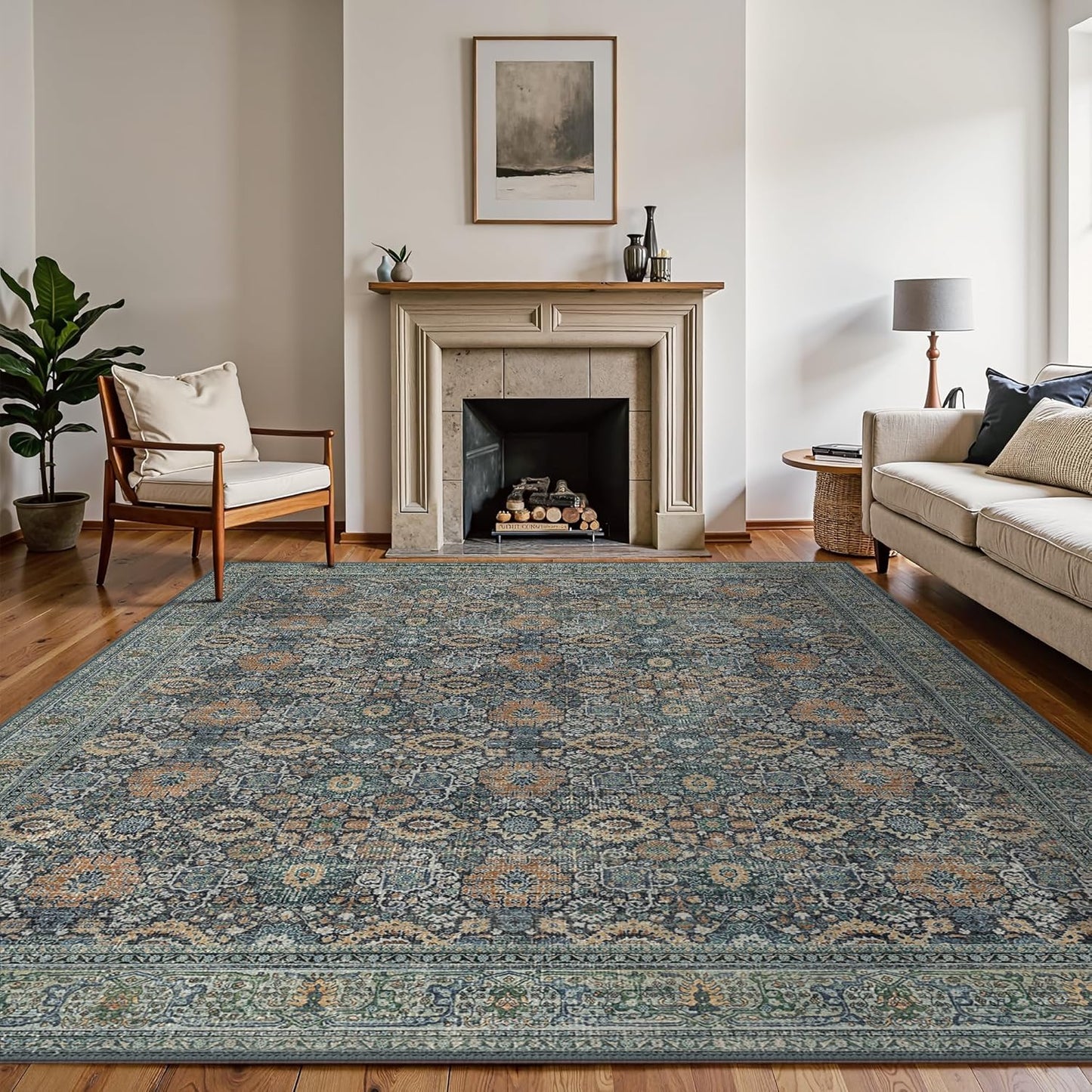 10X14 Area Rugs Machine Washable Rugs for Living Room, Vintage Boho Large Rugs for Bedroom Dining Room, Non Slip Indoor Soft Distressed Lightweight Thin Low Pile Carpet, Beige Blue Grey