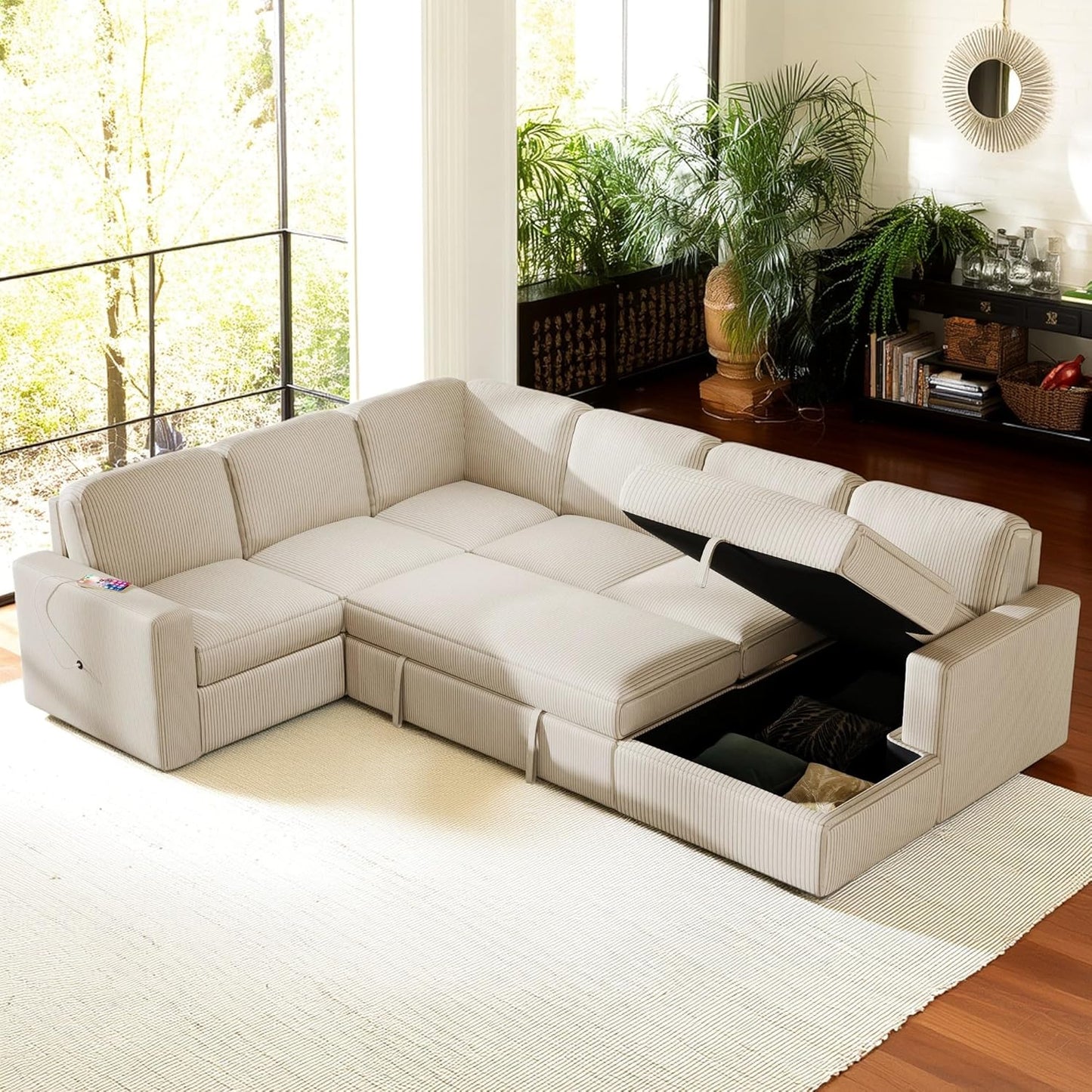 115.6 Inch U-Shaped Modular Sectional Sofa with Pull Out Bed, Storage Chaise and USB interfaces, Oversized Upholstered Combination Corner Couch for Living Room, Office, Spacious Space, Beige