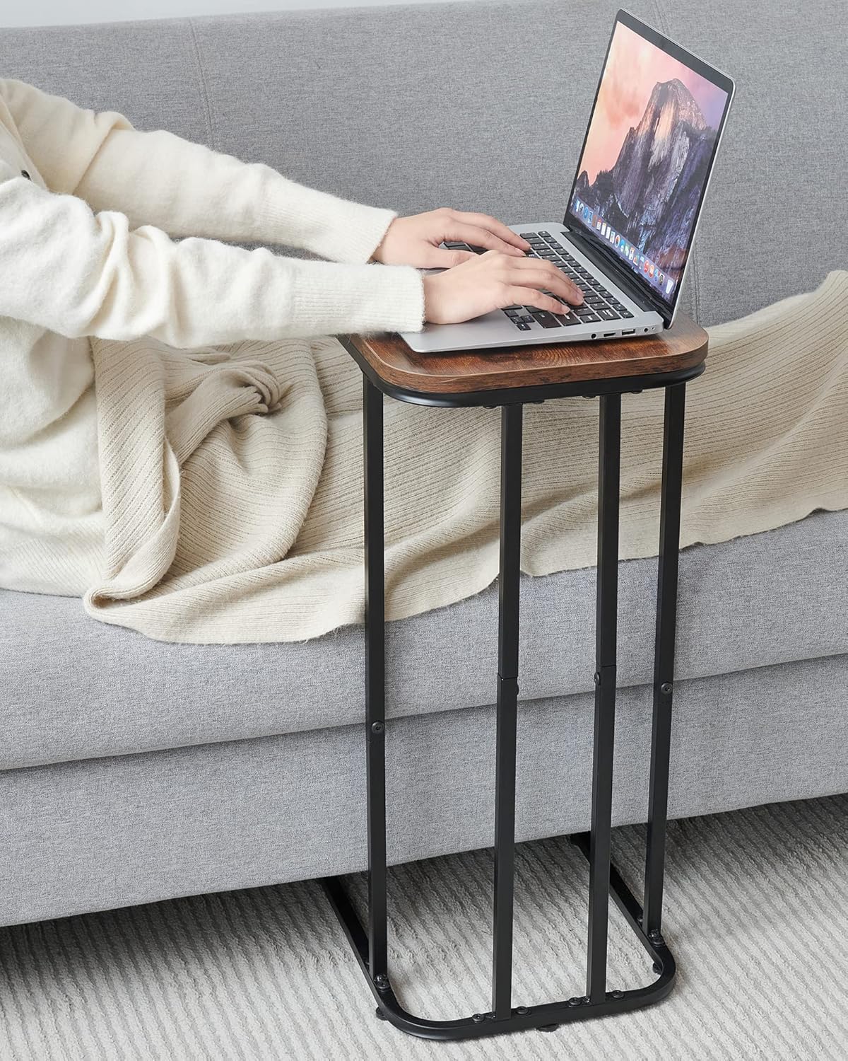 C Shaped End Table, 27 Inches High Small Side Table for Sofa and Bed, Couch Table That Slides Under, Tall Tv Tray Table for Living Room, Bedroom, Metal Frame, Rustic Brown & Black