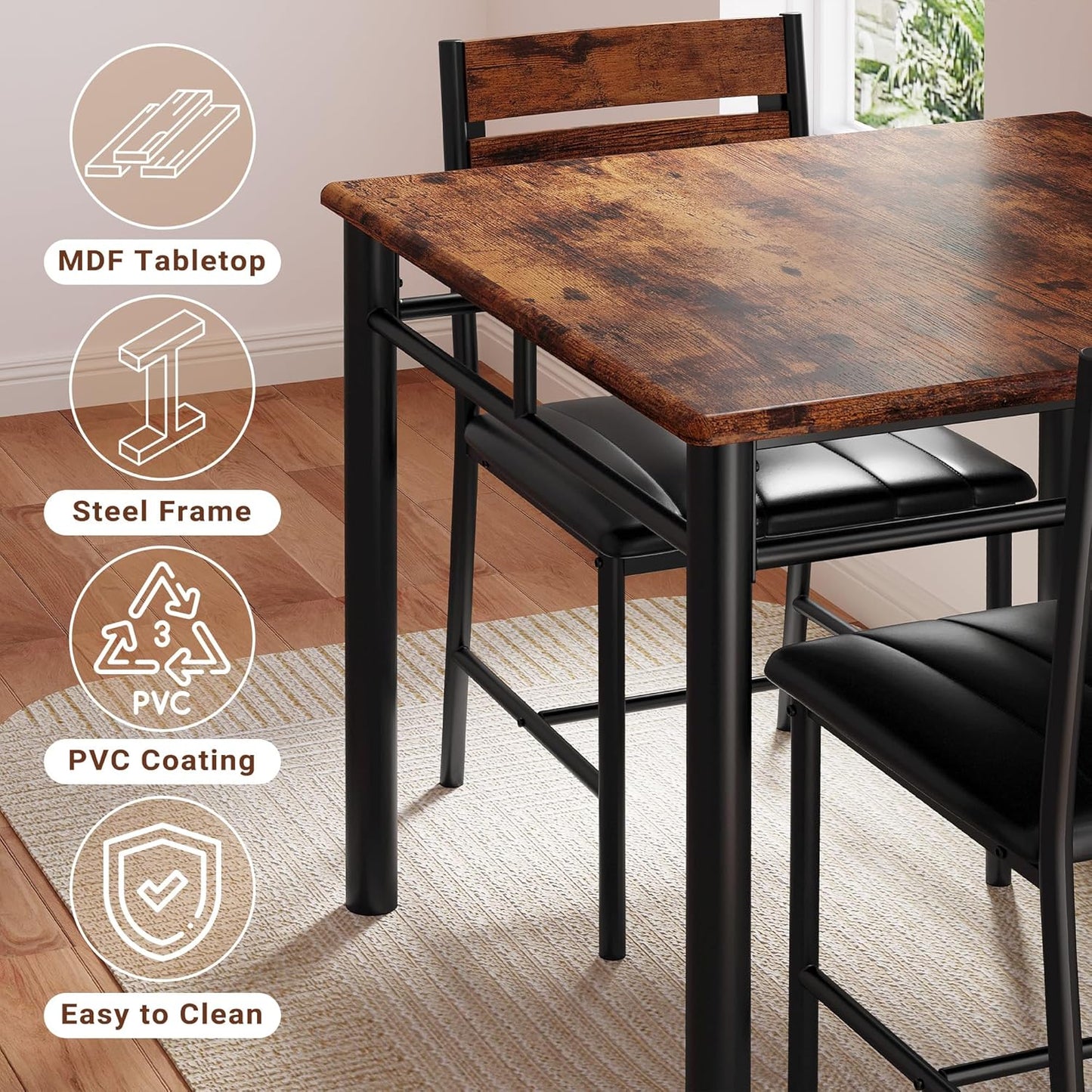 IRONCK Dining Table Set for 2, Small Kitchen Table with Upholstered Chairs Dinning Table Set for Kitchen & Dining Room, Compact Dining Set for Small Spaces, Rustic Brown