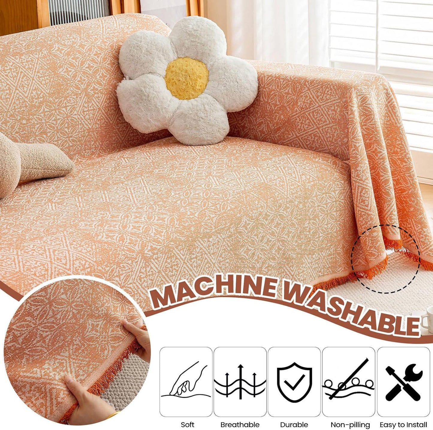 STACYPIK Boho Large Sofa Cover for Pets, Orange Geometric Couch Cover for 2 Cushion Sofa, Washable Dogs Protector for Living Room Anti-Slip Sectional Covers for Loveseat Tassel Throw Blanket-71X118IN