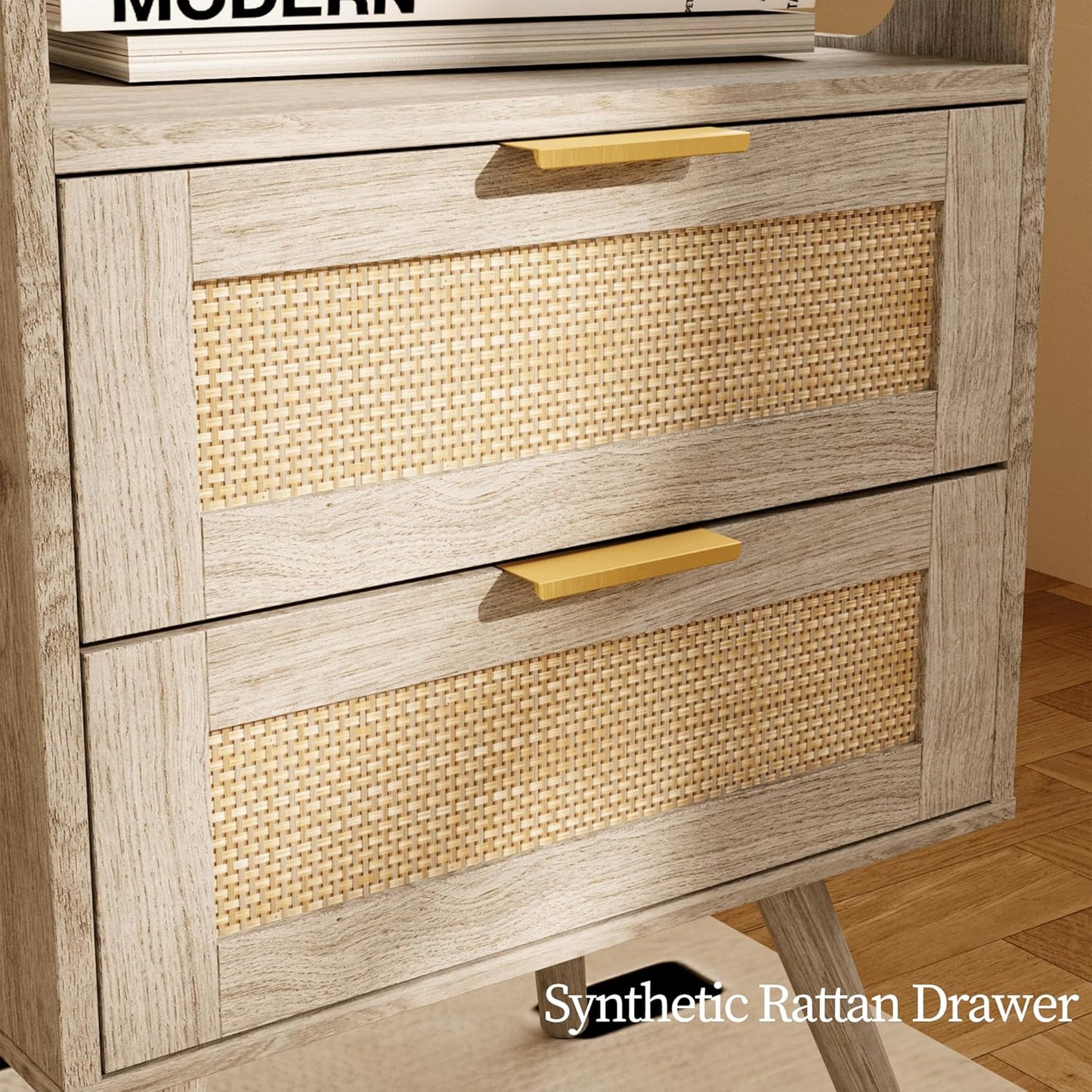 Rattan Nightstand with Charging Station,Farmhouse Bedside Table with 2 Storage Drawer and Open Wood Shelf, for Bedroom and Small Spaces,Night Stand with Solid Wood Legs (Grey Oak-Outlet)