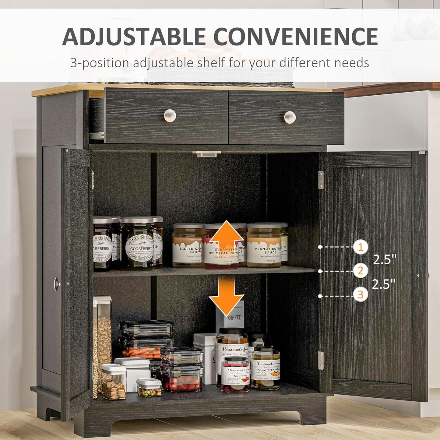 HOMCOM Sideboard with Solid Wood Countertop, Modern Kitchen Storage Cabinet, Coffee Bar Cabinet with 2 Drawers, Doors and Adjustable Shelf, Distressed Black