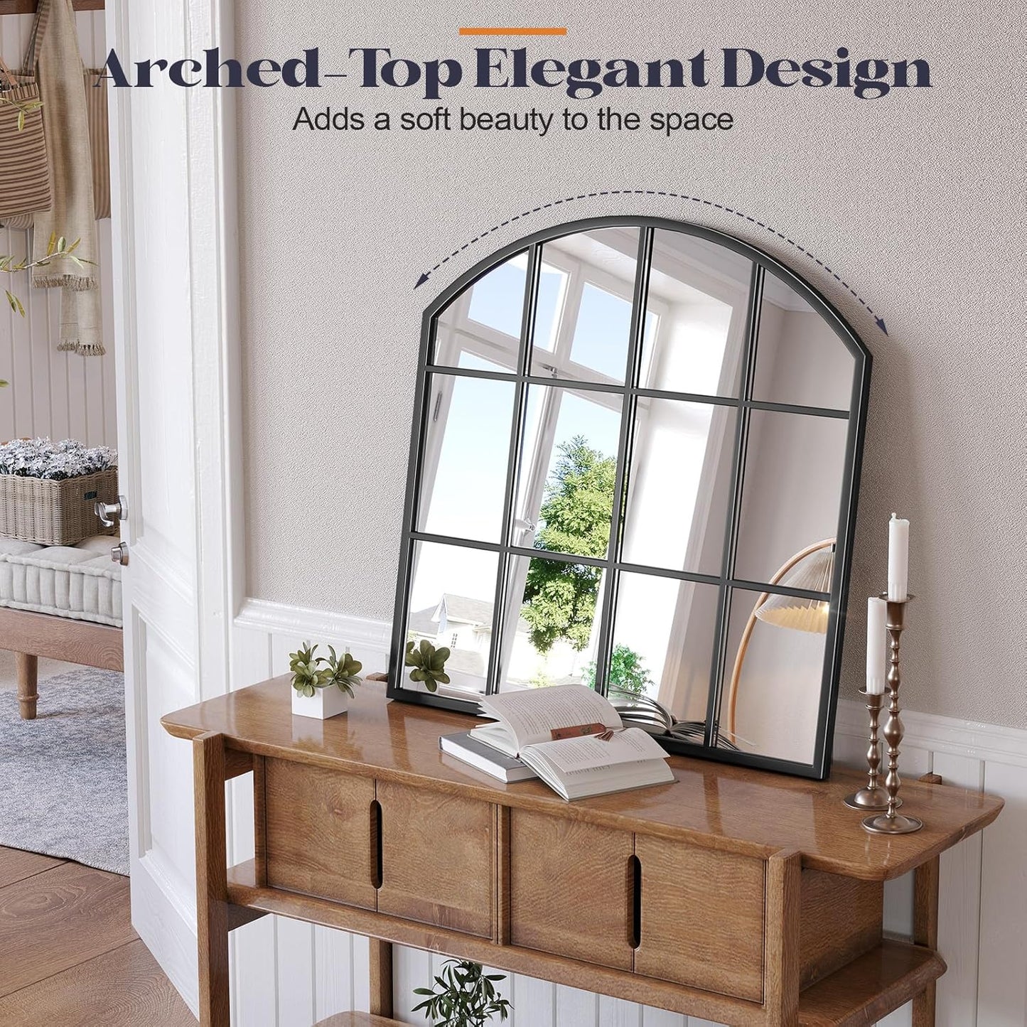 Wide Window Mirror, 28" x 28" Farmhouse Arched Wall Mirror, Rustic Windowpane Mirrors Large Grid for Living Room Bedroom Farmhouse Fireplace Hallway Entryway