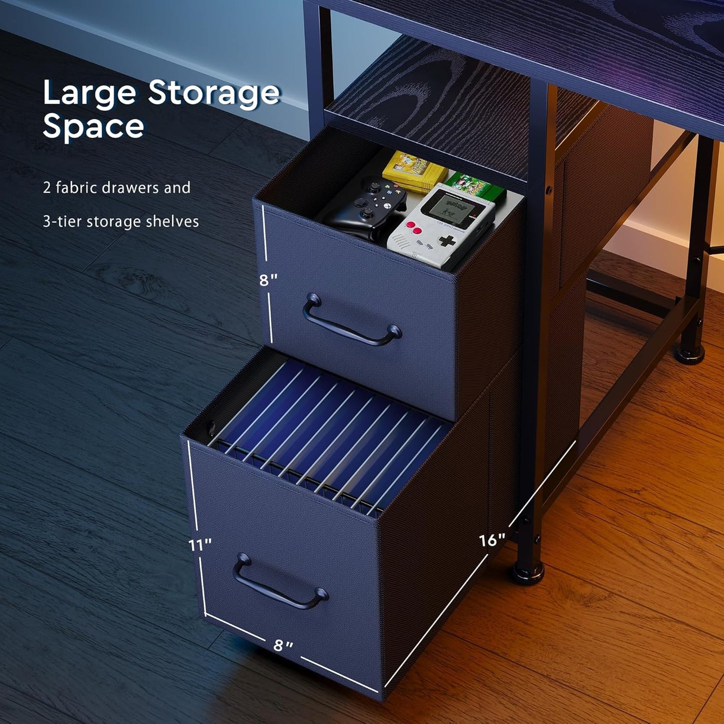 L Shaped Gaming Desk with Shelves,Reversible Computer Gaming Desk with LED Lights and Charging Station,Home Office Corner Desk with Monitor Stand,Black