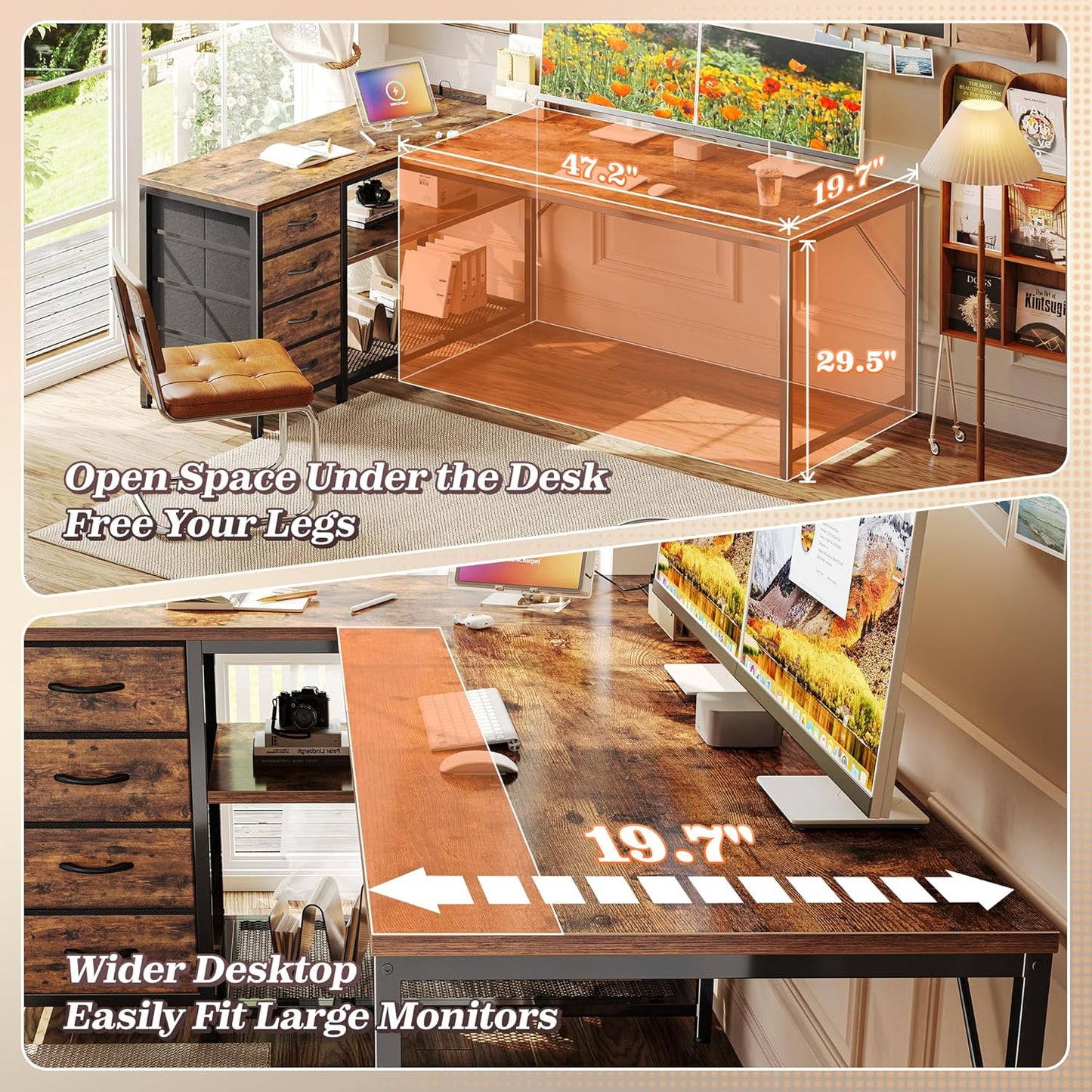 PRAISUN 61" L Shaped Desk with Power Outlets and USB-C Port, Reversible Computer Corner Office Desk with 4 Fabric Drawers and 2 Height-Adjustable Shelves, Large for Gaming Writing Study, Rustic Brown