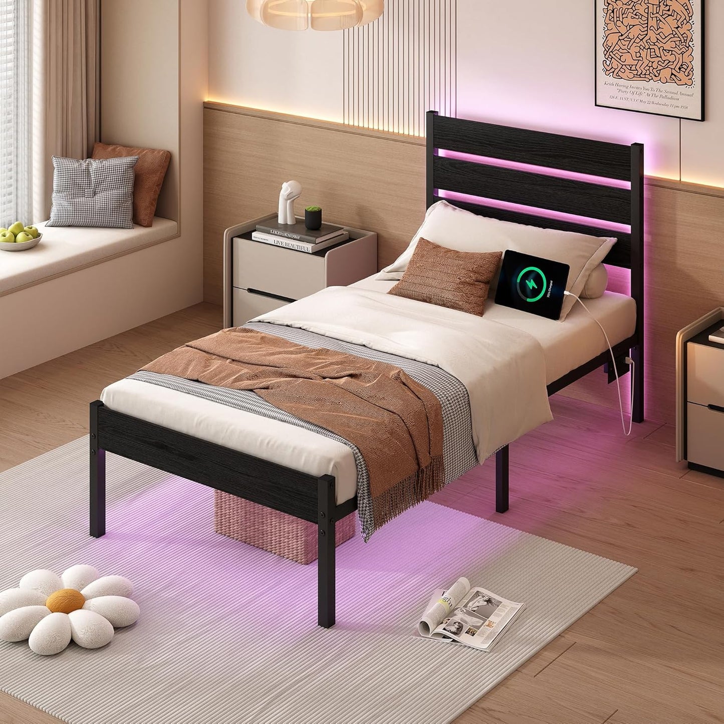 Twin Bed Frame with Headboard,Heavy Duty LED Bed Frame with USB Charging Station,Mattress Foundation-Under Bed Storage, No Box Spring Needed, Noise Free,Black