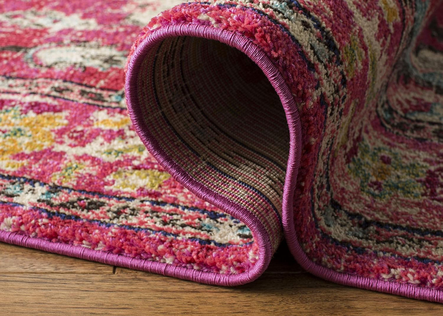 SAFAVIEH Monaco Collection Area Rug - 10' x 14', Pink & Multi, Boho Chic Medallion Distressed Design, Non-Shedding & Easy Care, Ideal for High Traffic Areas in Living Room, Bedroom (MNC243D)