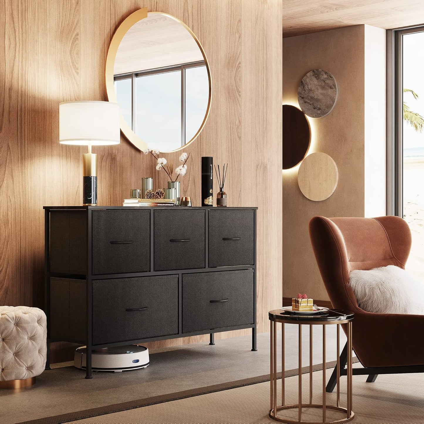 WLIVE Dresser for Bedroom with 5 Drawers, Long Fabric Dresser, Chest of Drawers, Storage Drawer Unit with Fabric Bins for Closet, Living Room, Hallway, Charcoal Black, Size L