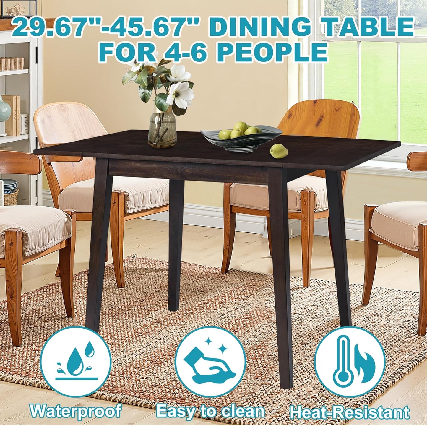29"- 45" Extendable Dining Table for 2-4, Folding Square Dinner Table Small Kitchen Dining Room Tables with Wood Legs for Small Space, Kitchen, Living Room, Espresso
