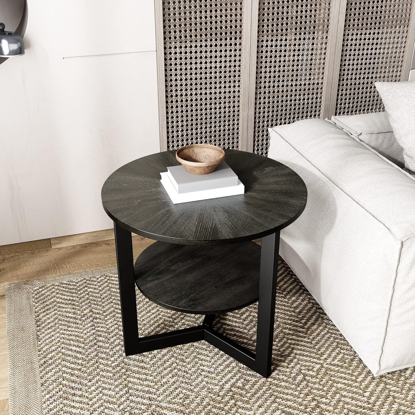 MODERION Small Round End Table with Storage Shelf, Circular Solid Wood Sofa Side Metal Leg, 2-Tier Telephone Table, Nightstand, 24''H x 19.3''D for Living Room Bedroom Entryway Brushed Black BZ1338BK