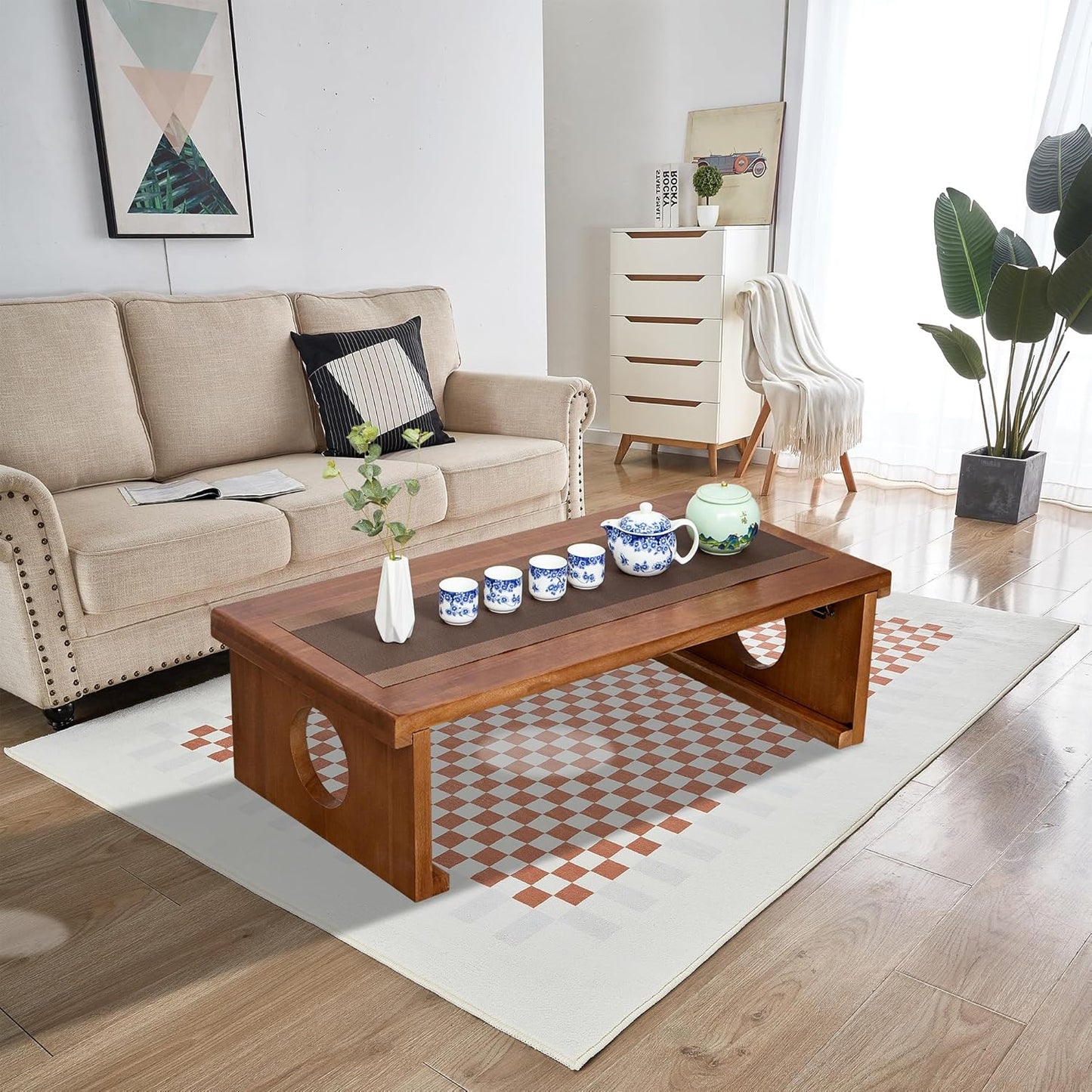 Foldable Japanese Coffee Table,Folding Japanese Floor Table,Natural Brown Coffee Table, Minimalist Tatami Table, Suitable for Living Room,Dining Room, Etc. (Natural Brown, 39.4″x19.7″x11.8″)