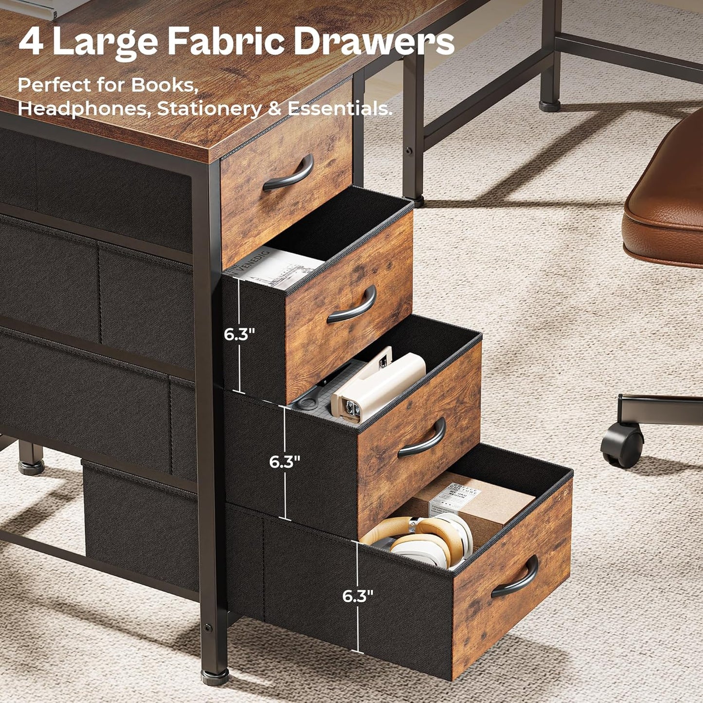 Huuger 55 Inch L Shaped Desk with Fabric Drawers, Reversible Computer Gaming Desk with Power Outlets and USB-C Port, Adjustable Side Storage Shelves, for Work Study Corner Home Office, Rustic Brown