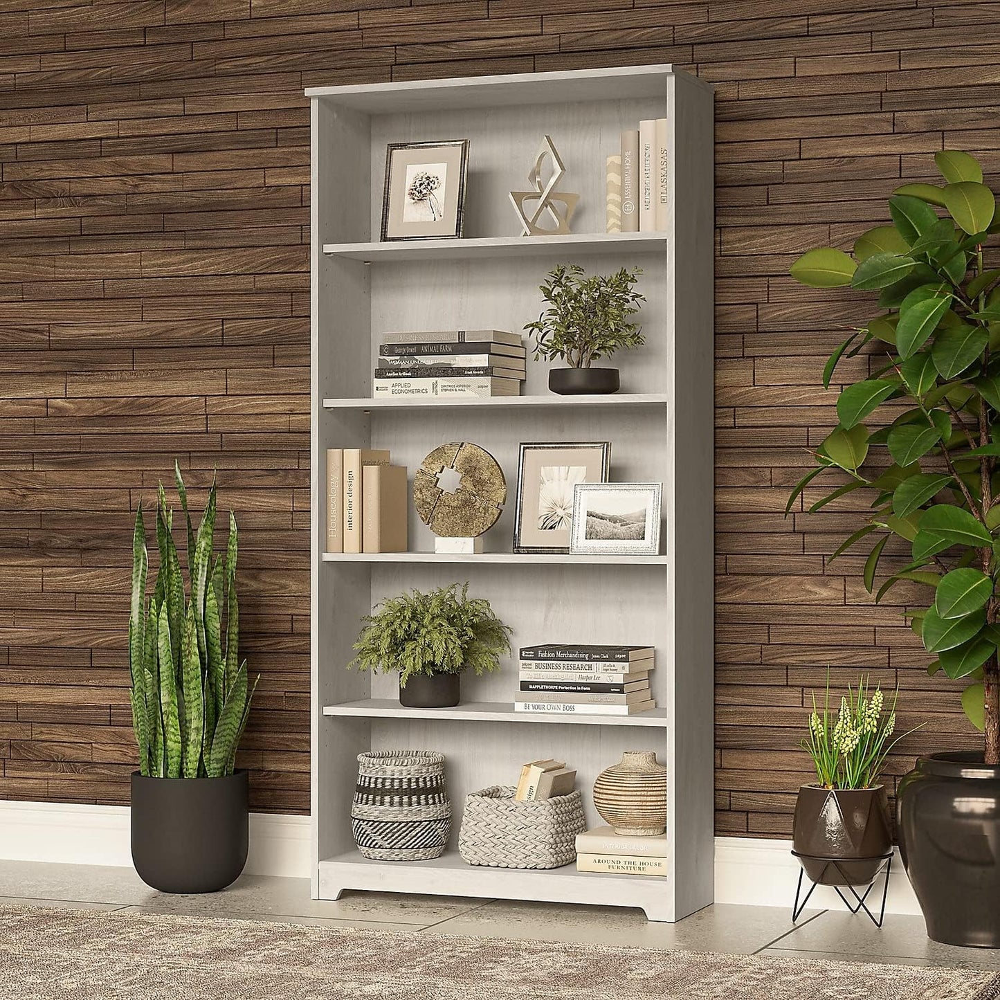 Bush Furniture Cabot Tall 5 Shelf Bookcase | Large Open Bookshelf in Linen White Oak | Sturdy Display Cabinet for Library, Living Room, and Home Office