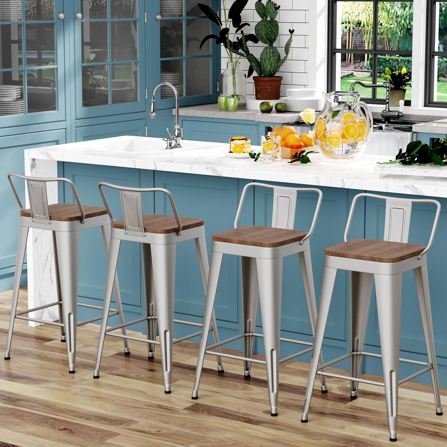 WENTMENT Bar Stools Set of 4 Counter Height Stools with Removable Back 30" Kitchen Bar Stools with Wooden Seat, Silver