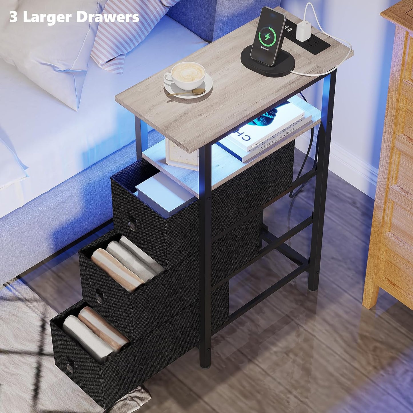 End Table with Charging Station, Narrow Side Table with 3 Fabric Drawers, Skinny Nightstand with LED Light, Slim Bedside Table for Bedroom, Living Room, Small Spaces, Greige and Black