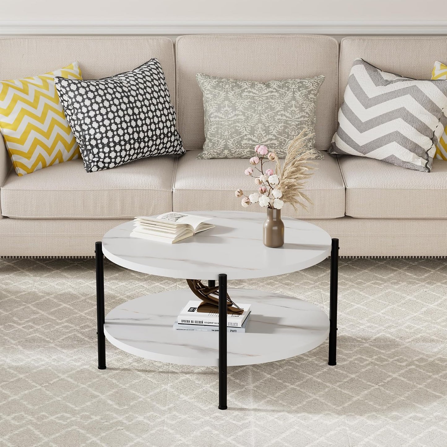 Round Coffee Table, 27.6" Circle Coffee Table for Living Room, 2-Tier Wood Accent Center Table with Open Storage Industrial Design Home Furniture, White