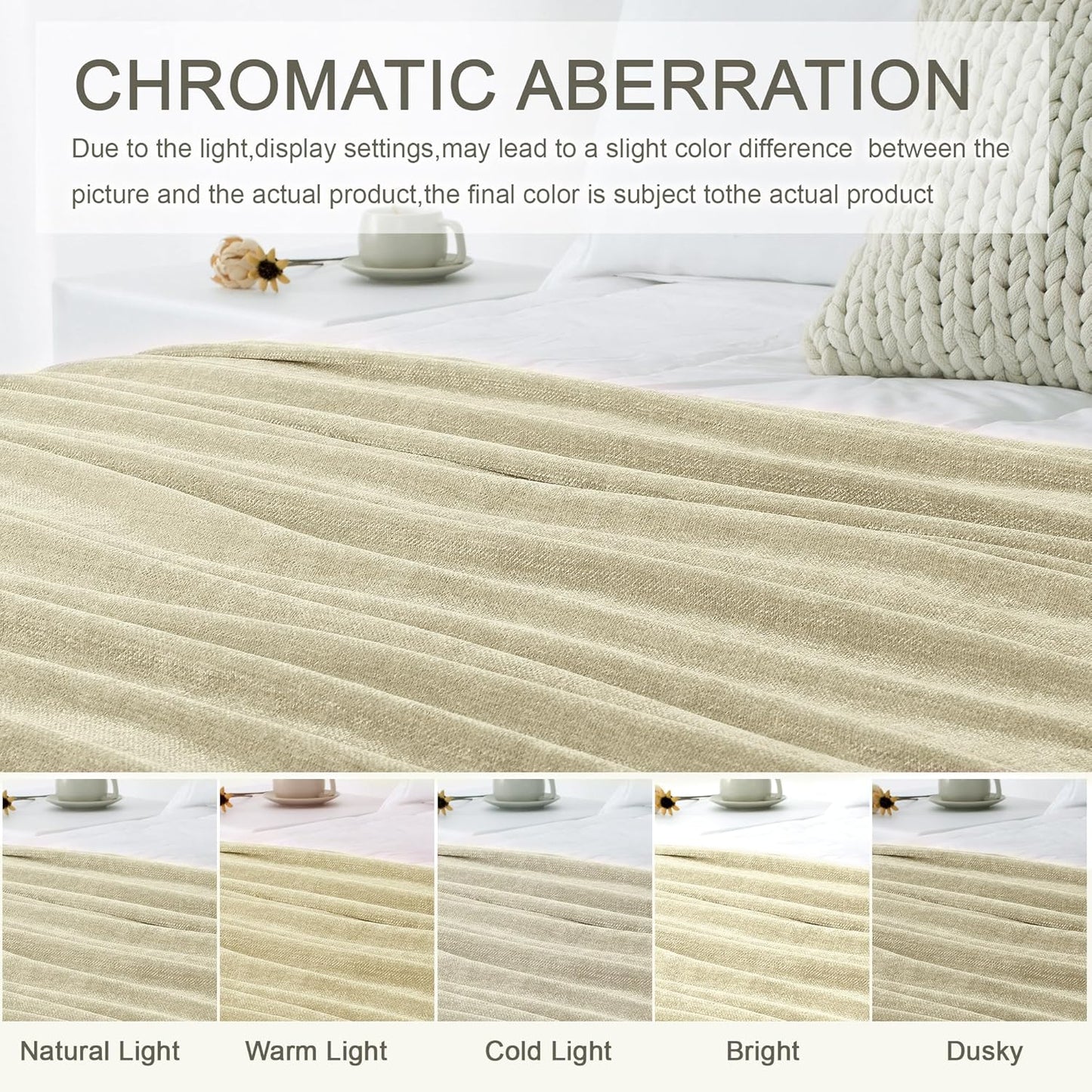 Chenille Throw Blanket for Couch 50"X 60", Soft Cozy Throws with Fringe Tassel for Bed Sofa Chair Cover, Lightweight Knitted Decorative Boho Blankets for Living Room, Light Beige