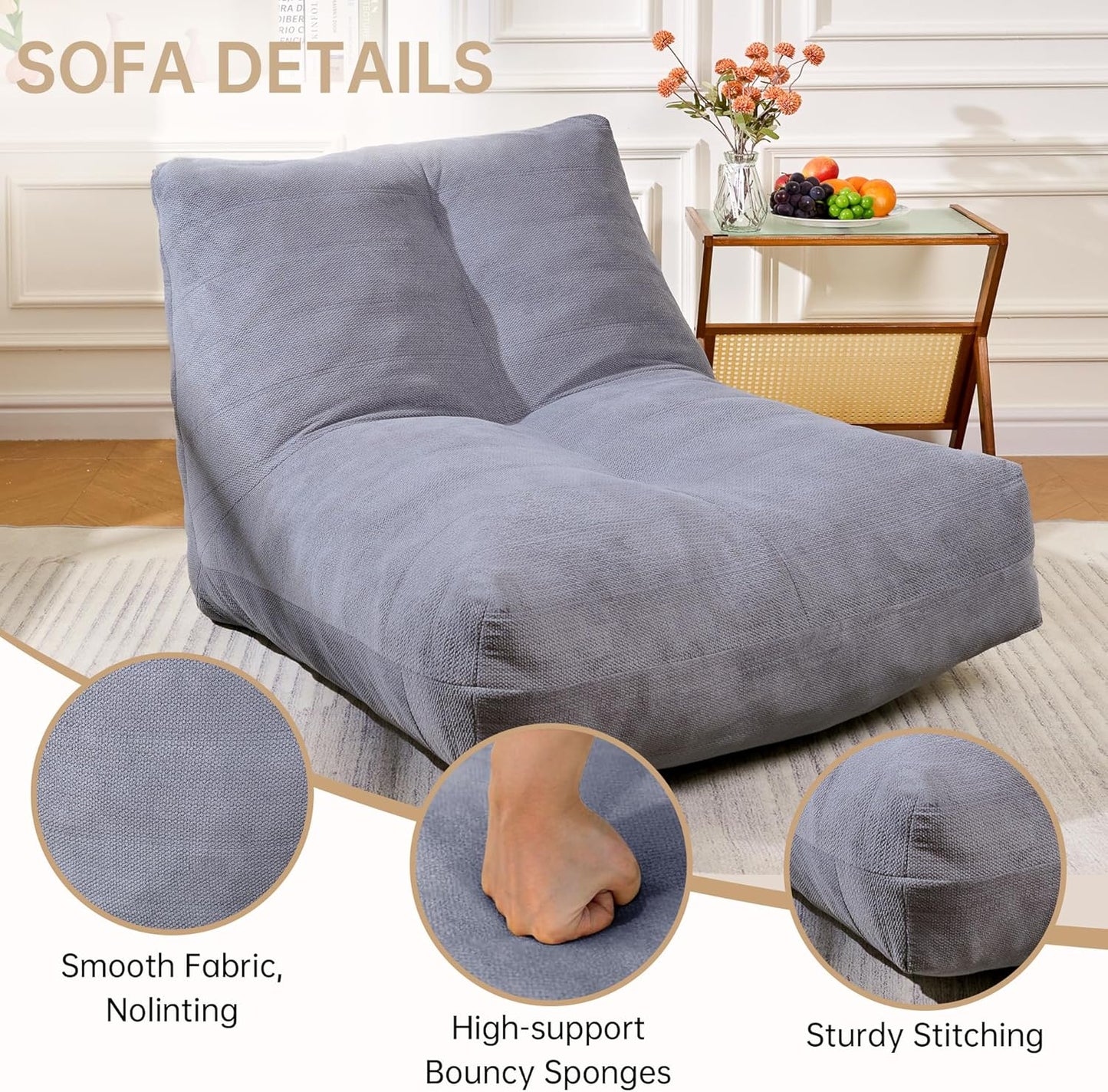 Bean Bag Chairs for Adults, Memory Foam Bean Bag Chair, Spacious Single Sofa, Ergonomic Support Reading Floor Sofa Chair with Filler, Comfy Cozy Beanbag Couch for Bedroom Living Room (Grey)