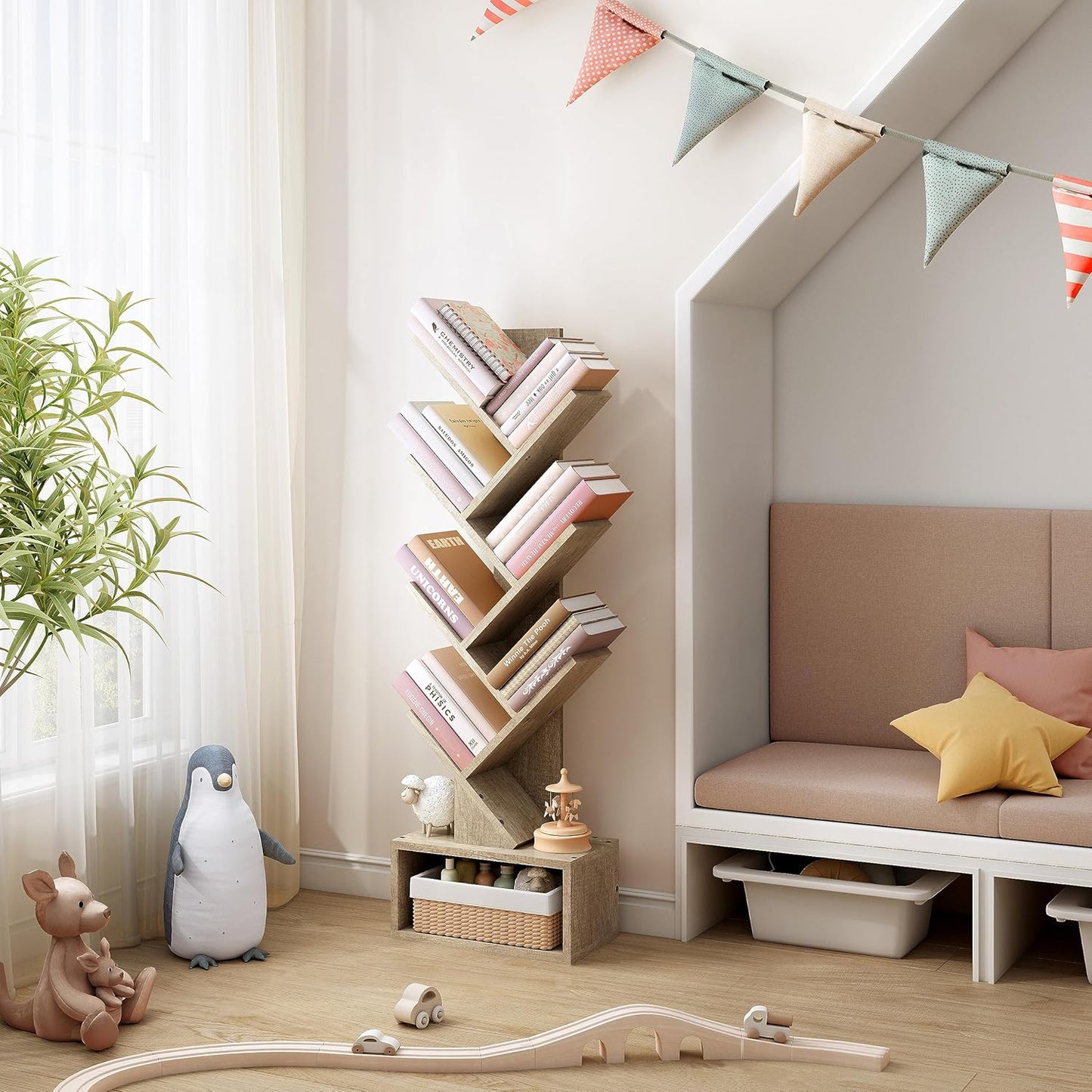 Hoctieon 6 Tier Tree Bookshelf, Tall Bookcase with Drawer, Freestanding Book Shelf, Display Floor Standing Storage Shelf, Book Organizer Shelves for Home Office, Living Room, Bedroom, Greige