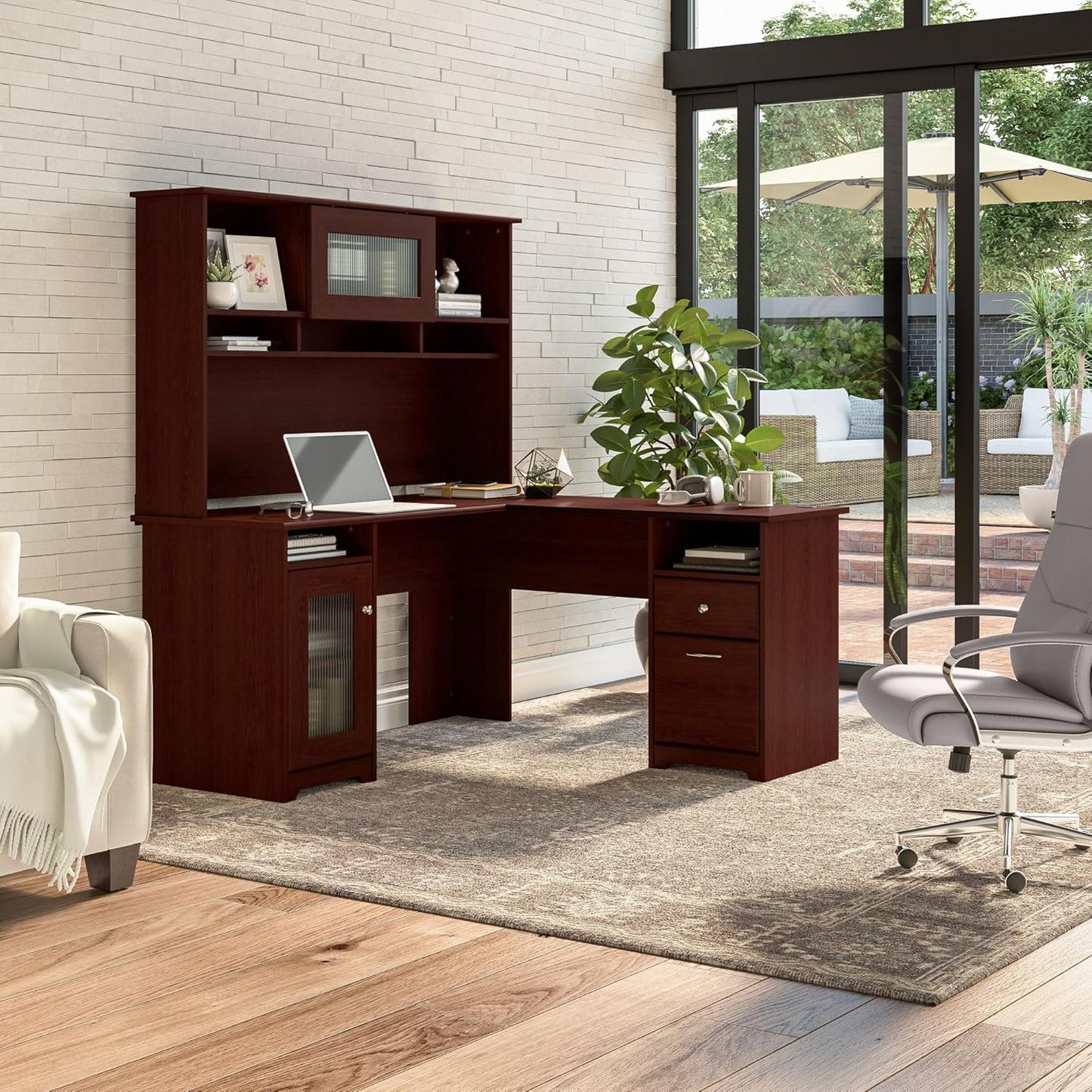 Bush Furniture Cabot L Shaped Computer Hutch, Corner Desk with Storage for Home Office, 60W, Harvest Cherry