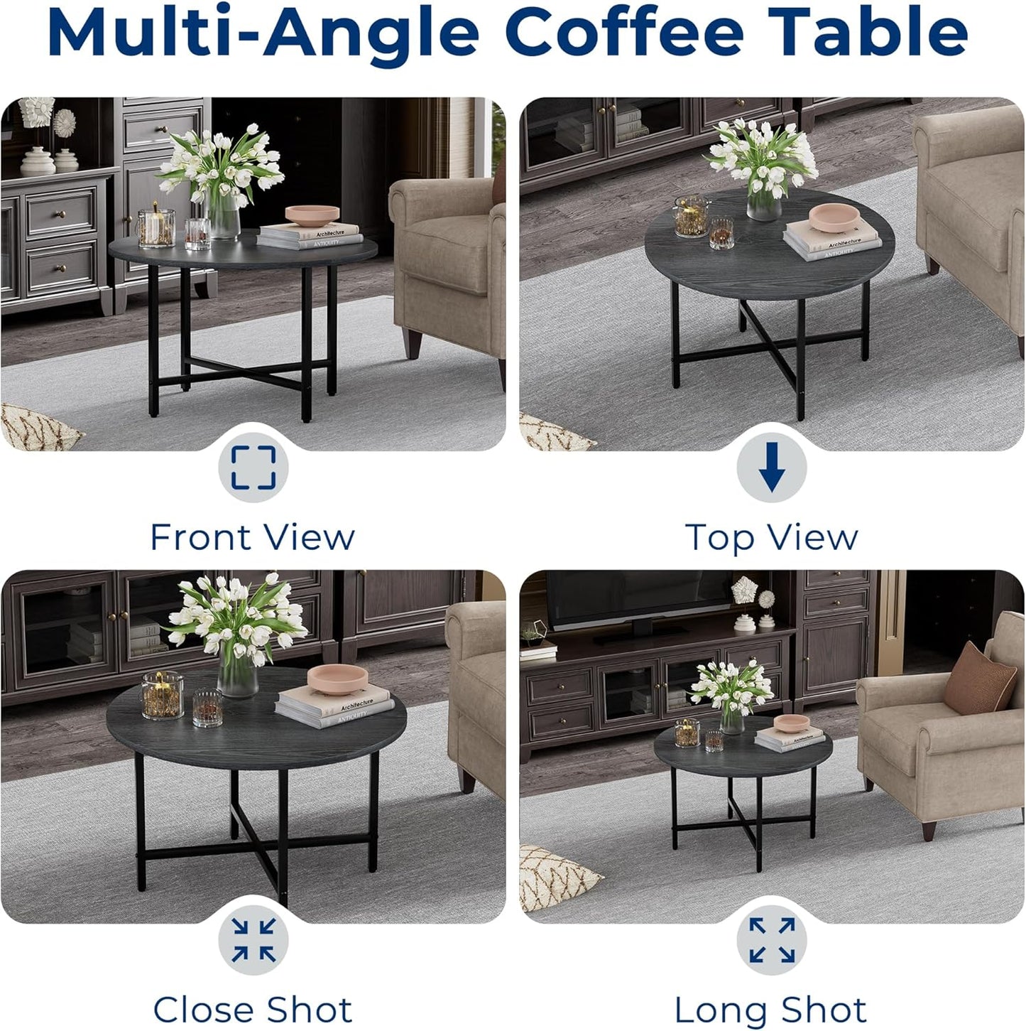 Round Coffee Table, 23.6" Small Coffee Tables for Living Room, Circle Coffee Table with Metal Frame, Floor Table Desk for Sitting on The Floor, Home, Office, Grey