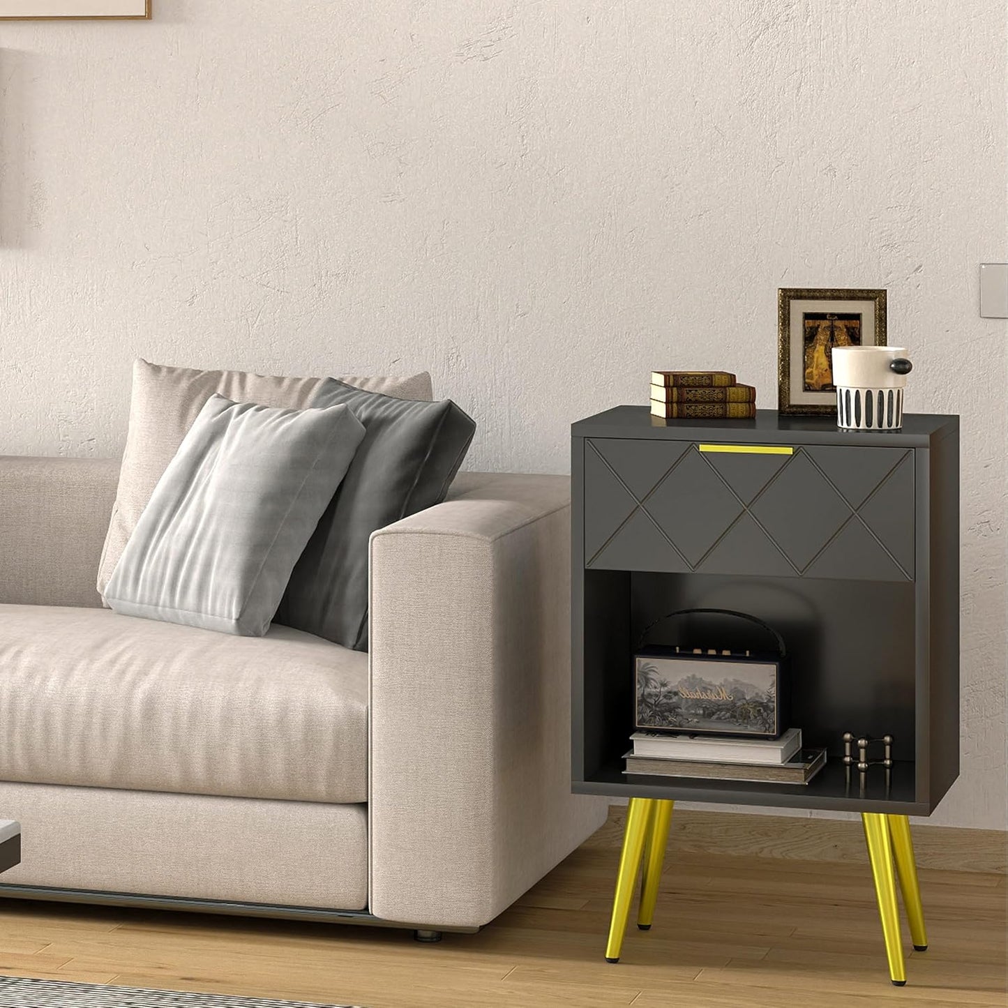 Black Nightstand, Bedside Table with Storage Drawer and Open Wood Shelf, Side Table with Gold Legs, Modern Style Night Stand End Table Drawer Dresser for Living Room Bedroom MLBZ19B