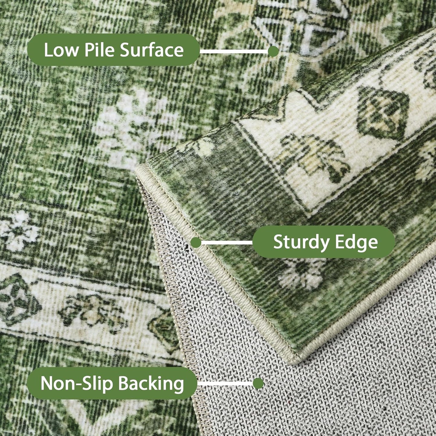 GENIMO Washable Rug 8X10 Area Rugs for Living Room Bedroom, Machine Washable Area Rug, Print Vintage Tribal Aesthetic Carpet, Low Pile Mat with Non Slip Rubber Backing, Distressed Green