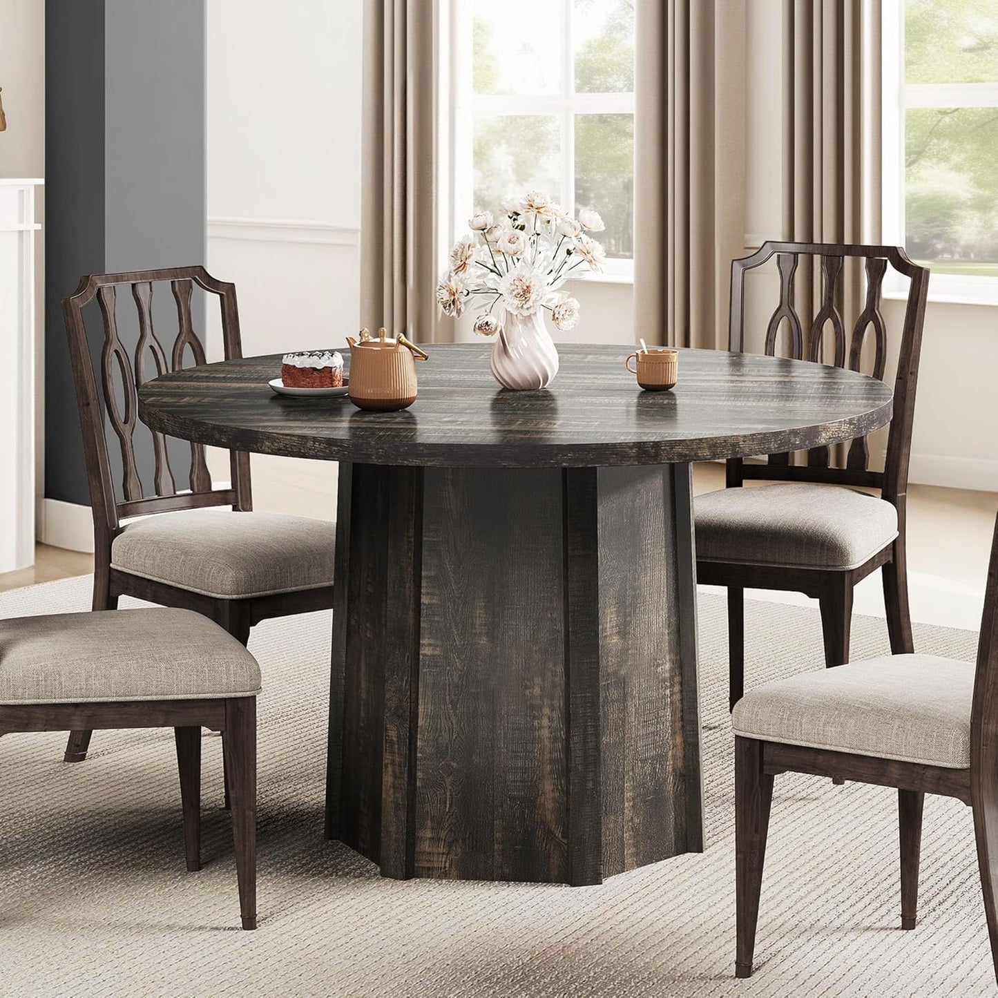 DWVO 47" Round Dining Table for 4-6 People Farmhouse Industrial Dinning Room Table with 1.18" Thickness Wood Grain Tabletop Rustic Circle Dining Table with Hexagonal Base for Eating Dinner Grey