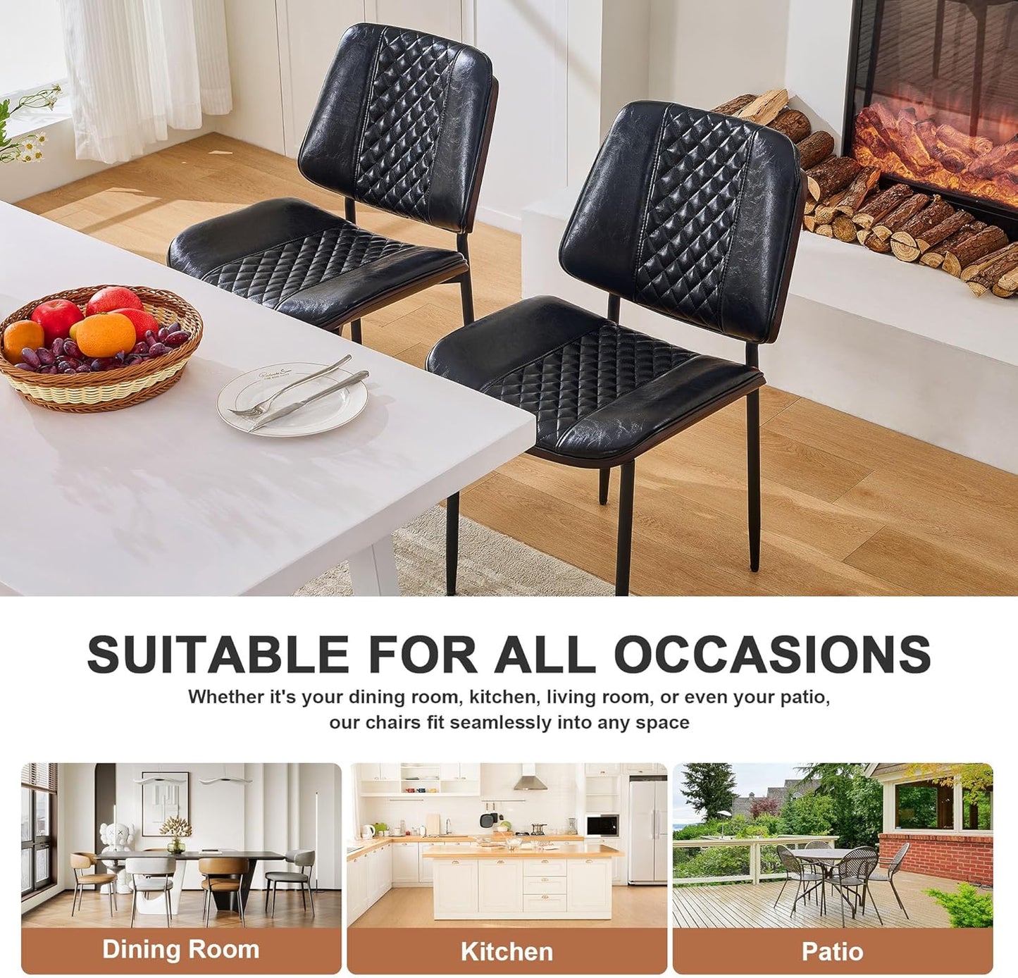 Dining Chairs Set of 2, Upholstered PU Leather Armless Chair, Mid Century Modern Dining Room Chairs, Retro Walnut Bentwood Kitchen Chair with Metal Legs and Adjustable Feet, Black