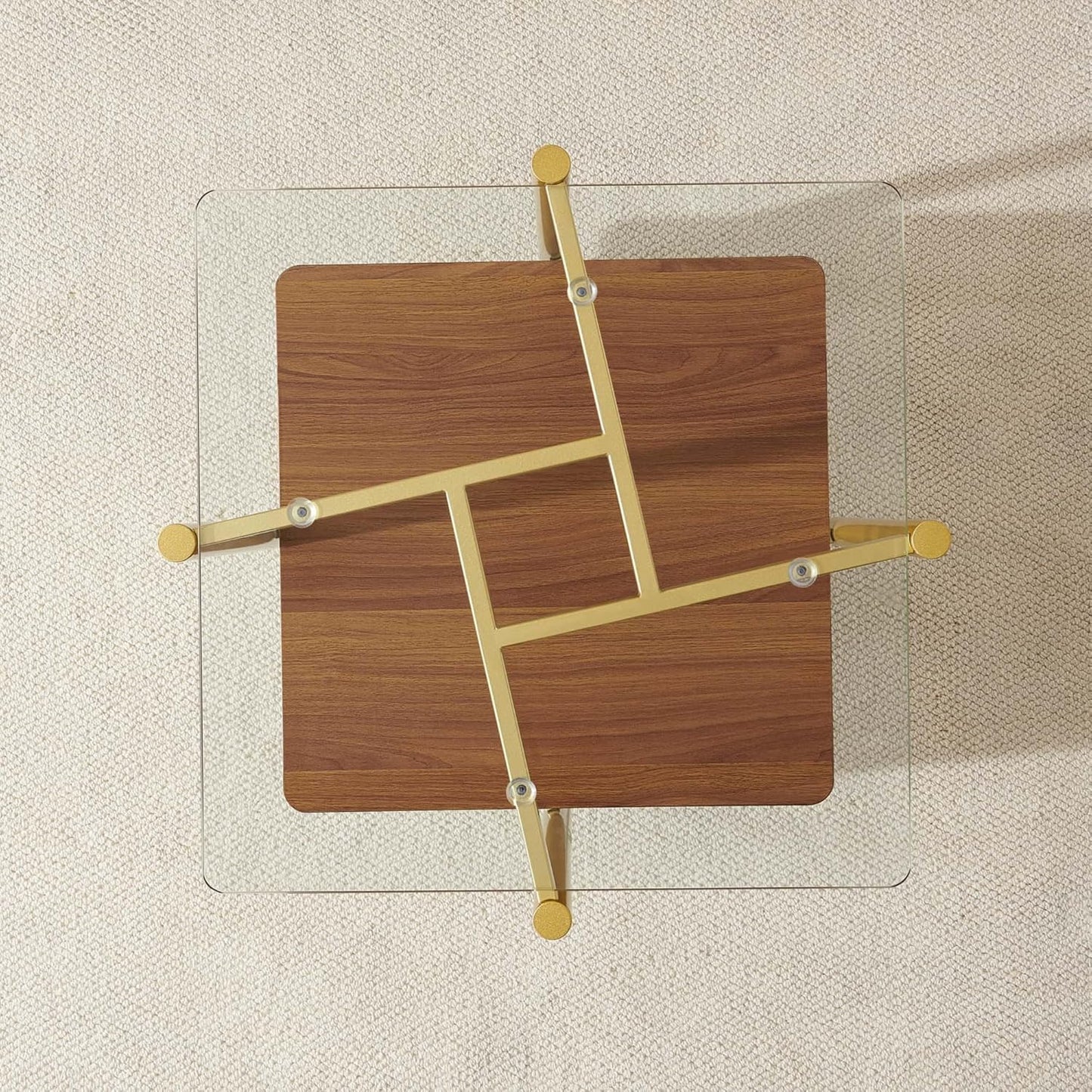 Square Glass End Table, Mid-Century Modern Sofa Table, L20*W20*H23 inch for Living Room, 2-Tier Structure, Clear Glass Top and Walnut MDF Shelf, Sleek Conical Metal Legs with Gold Finish