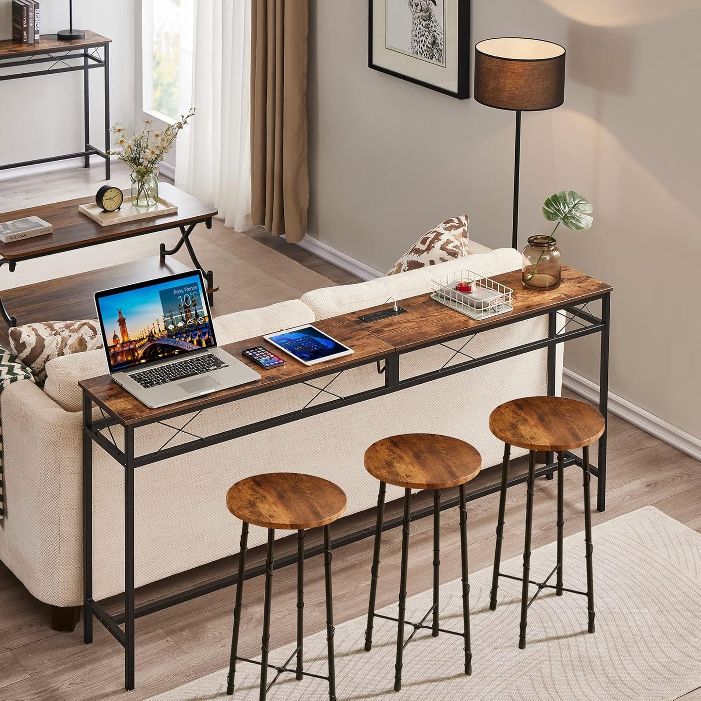 VECELO 71In Extra Long Narrow Sofa/Console Table with Charging Station & Power Outlet and USB Ports, for Entryway, Living Room, Office, Industrial, Rustic Brown