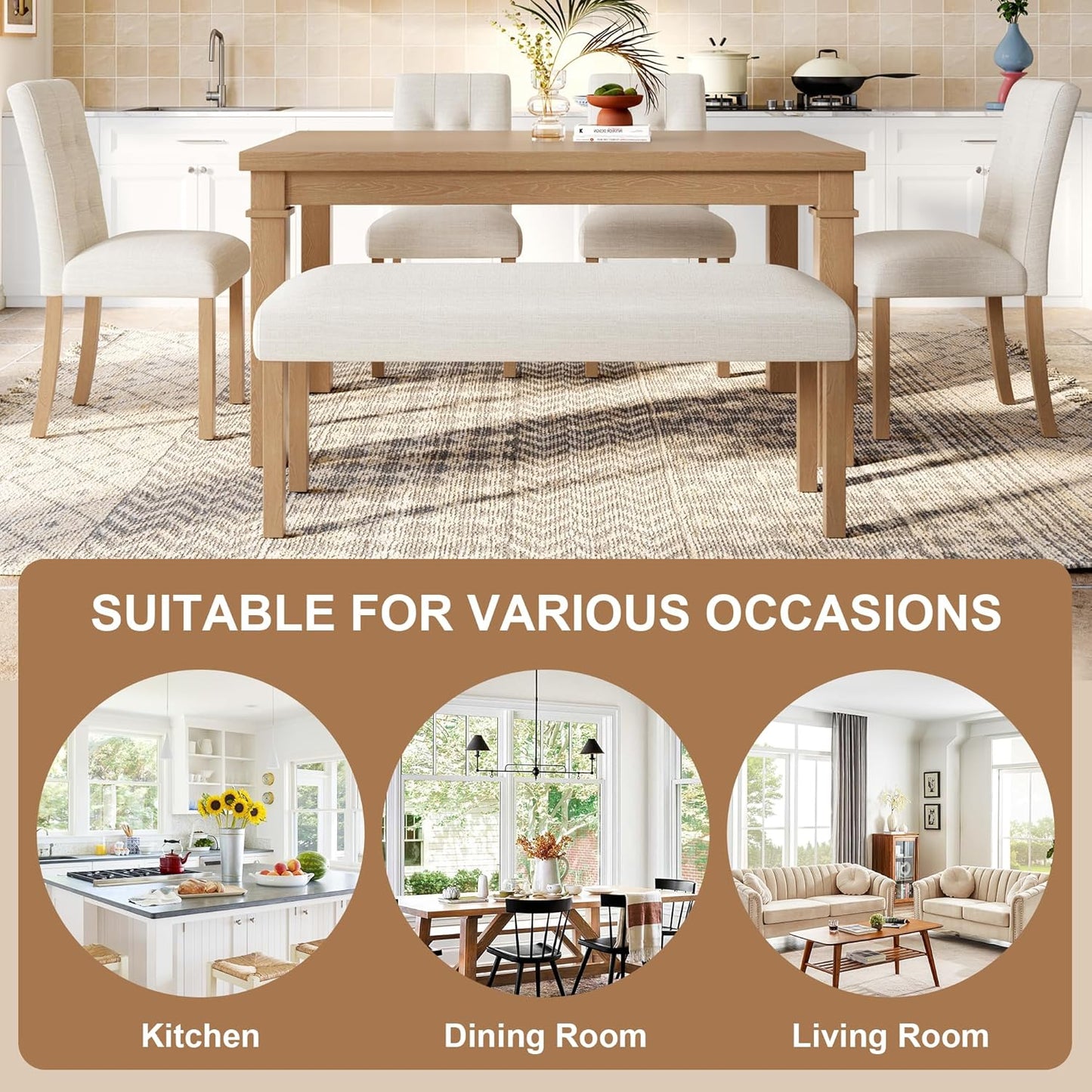 Ball & Cast Dining Table Set for 6 W/Bench & 4 Upholstered Chairs,6 Piece Dining Set W/ 60" Rectangle Kitchen Table & Anti-Scratch Pads,Table and Chairs Set for Living Room,Dining Room,Natural