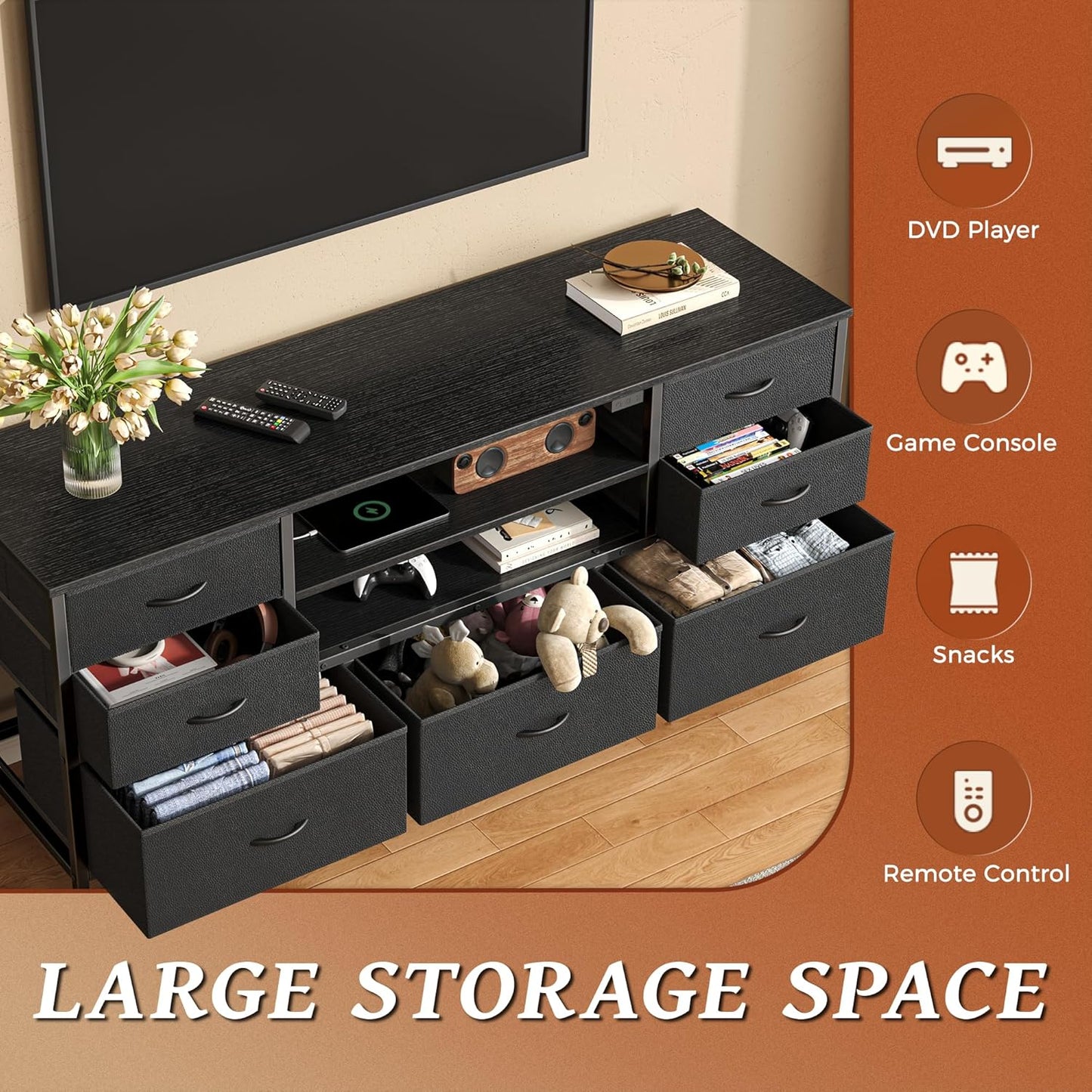 Huuger TV Stand Dresser with Power Outlets and LED Lights, 7 Drawer Console for 55 Inch TV, Black PU Leather Bedroom Dresser