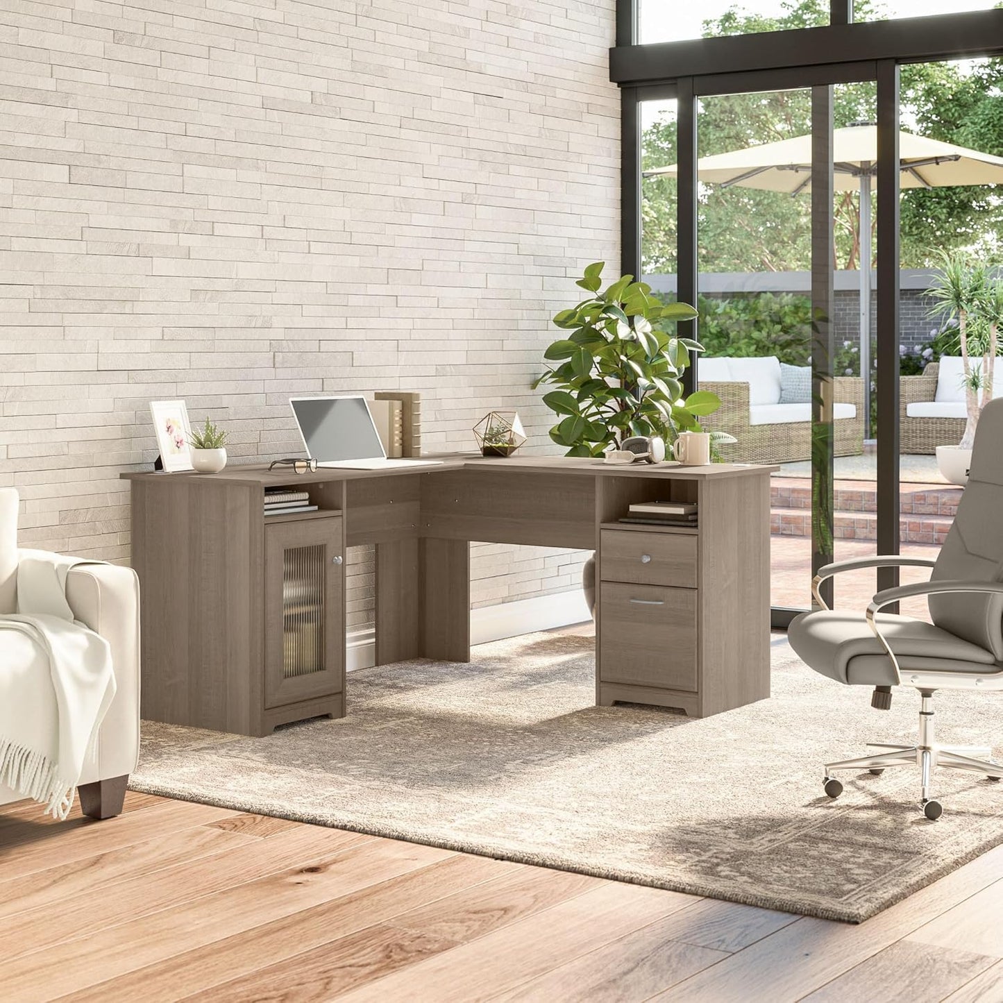 Bush Furniture Cabot L Shaped Computer Desk in Ash Gray | Corner Table with Drawers for Home Office