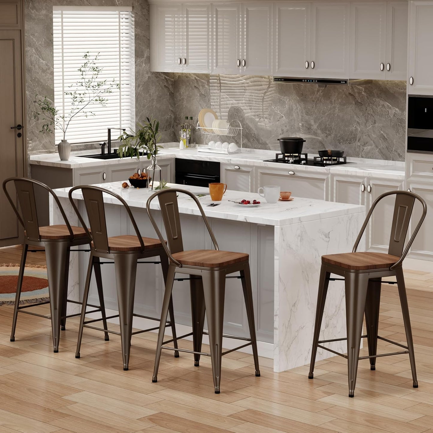 Changjie Furniture 26 Inches Metal Barstools Set of 4 Counter Height Bar Stools Industrial Stools with Backs High Back Chairs for Kitchen Island (26 Inch, Rusty)