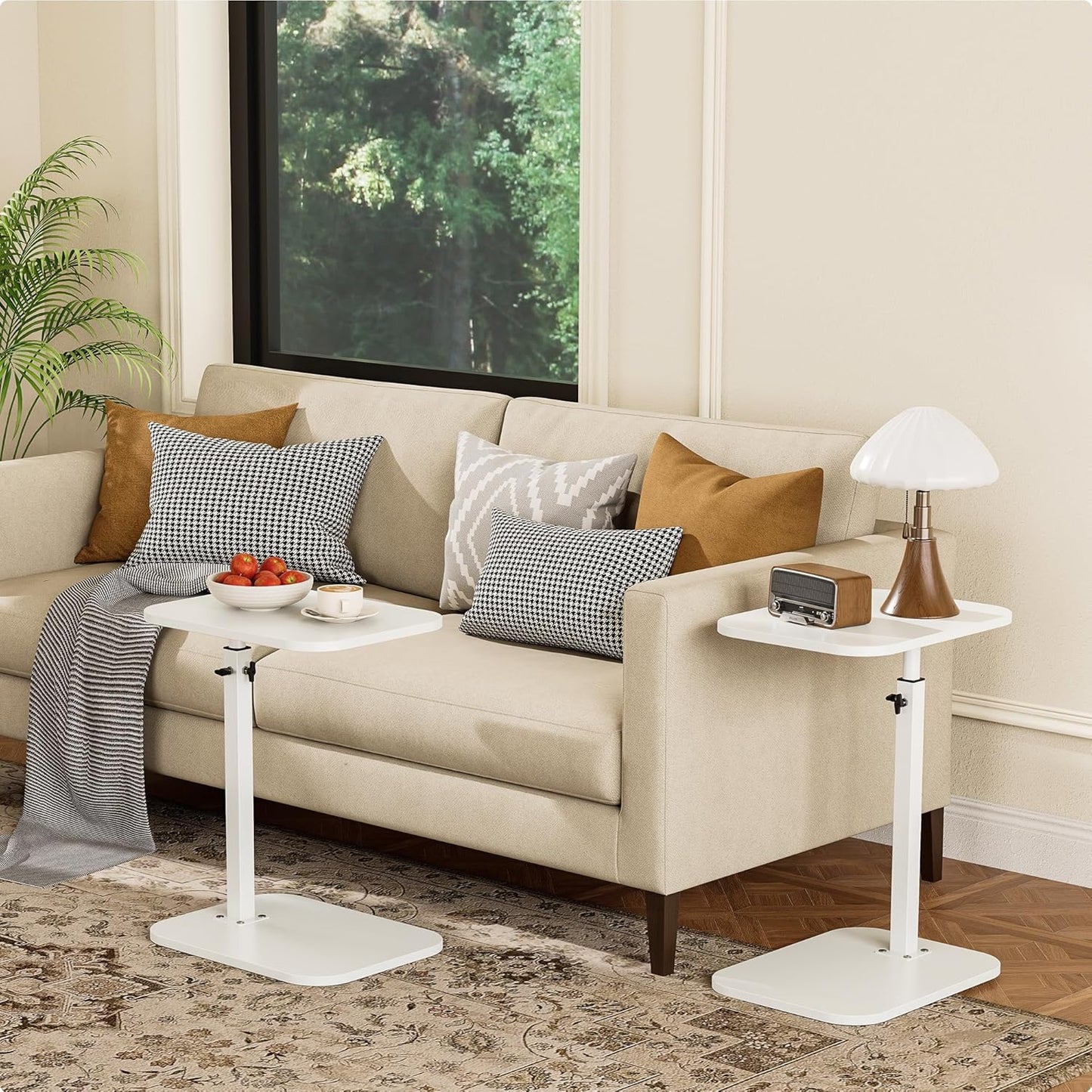 C Shaped End Table for Couch, Adjustable Height Couch Side Table, Horizontal 360°Swivel Small TV Tray Table Couch Side Tables That Slide Under (White)