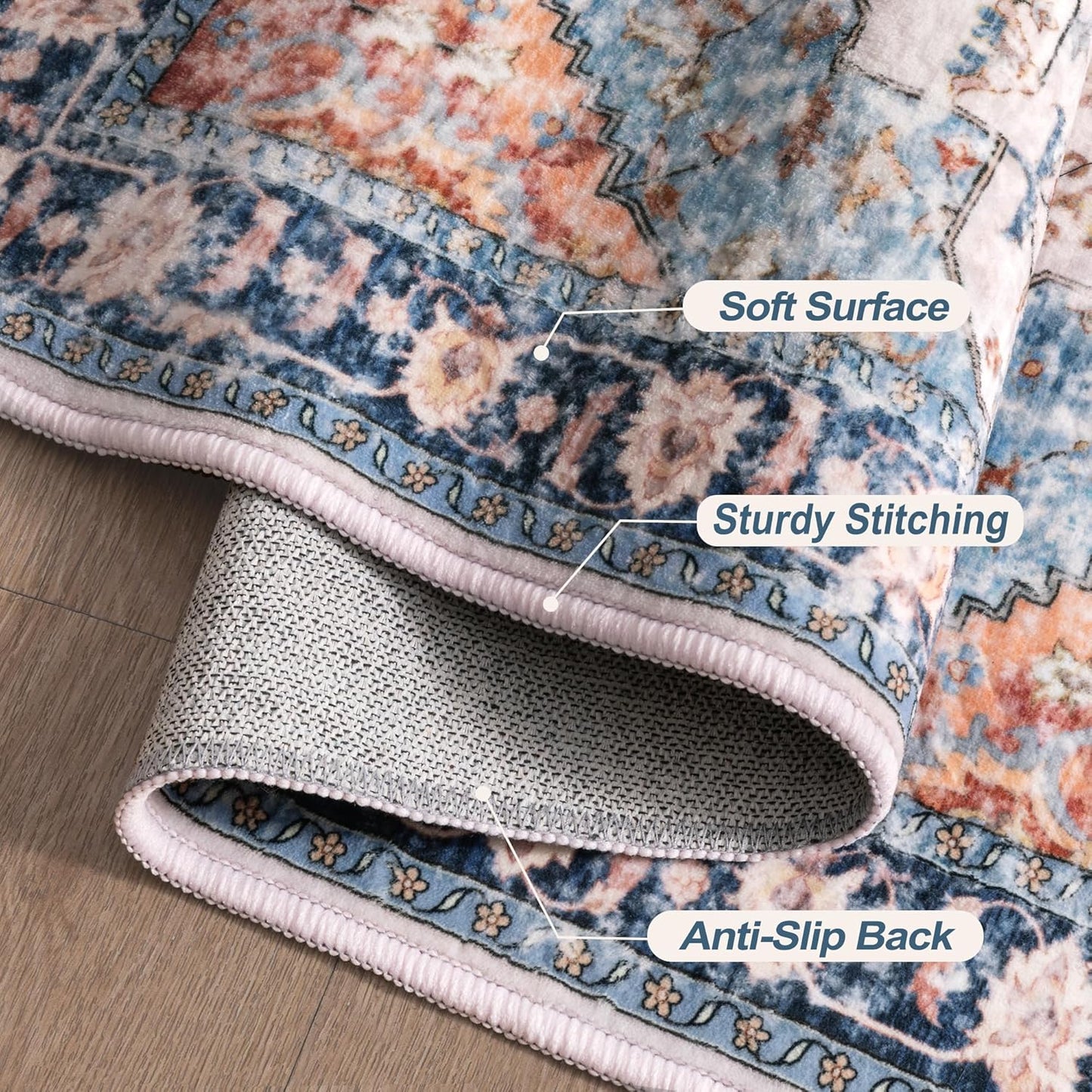 Tangsoo 4x6 Area Rug for Living Room, Washable Vintage Indoor, Distressed Blue/Beige Carpet for Bedroom, Non Slip Dining Room, Soft Low Pile Rugs Foldable for Dorm Bedside Bathroom