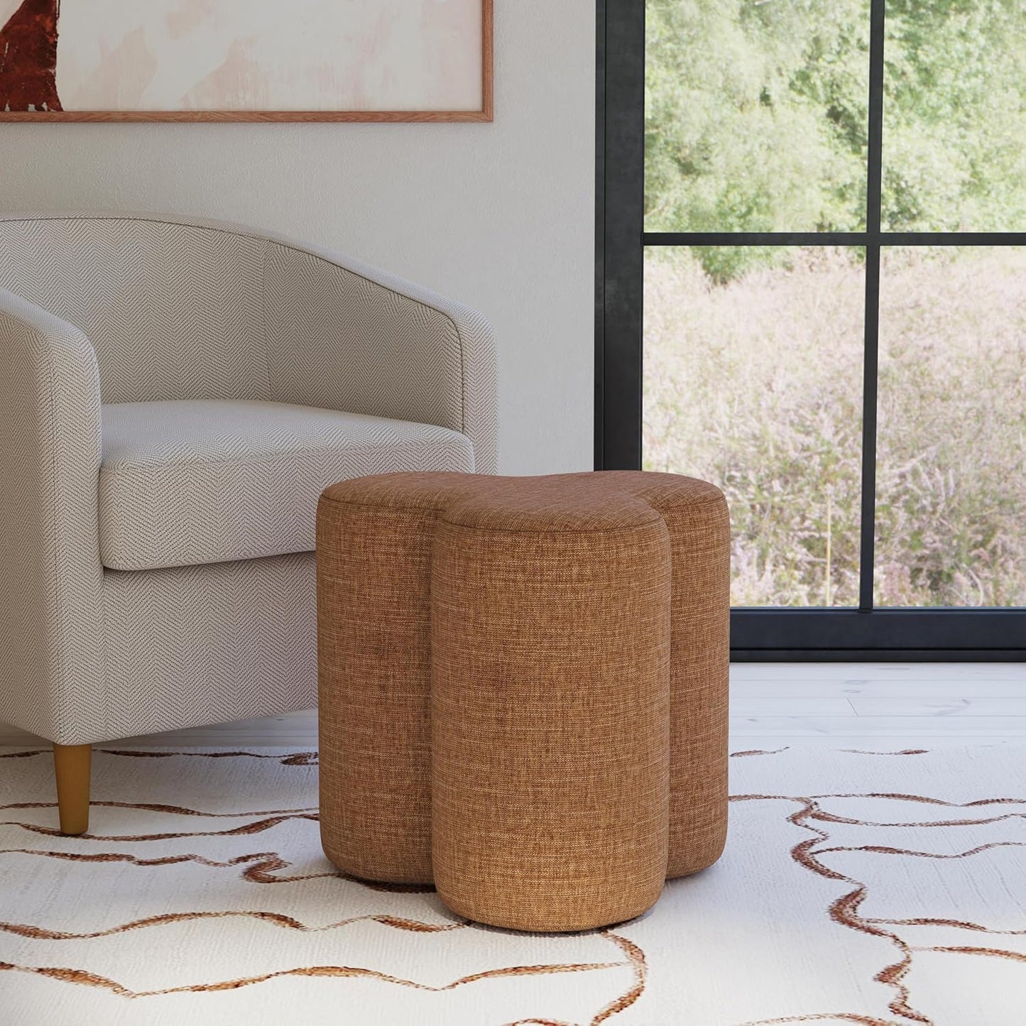 HomePop Upholstered Clover Shaped Ottoman (No Lid, Seat Only) Home Décor | Foot Rest Pouf – Rust Orange Chenille