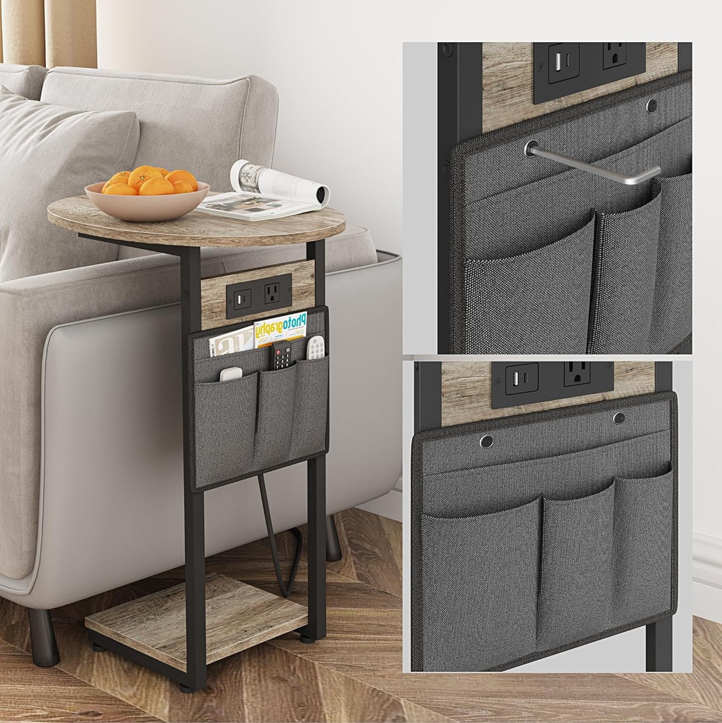 Vagusicc C Shaped End Table with Charging Station, Small Side Table for Couch, Slide Under Sofa Table for Living Room Bedroom, Round Couch Side Table, C Table for Couch Snack Table TV Tray, Greige