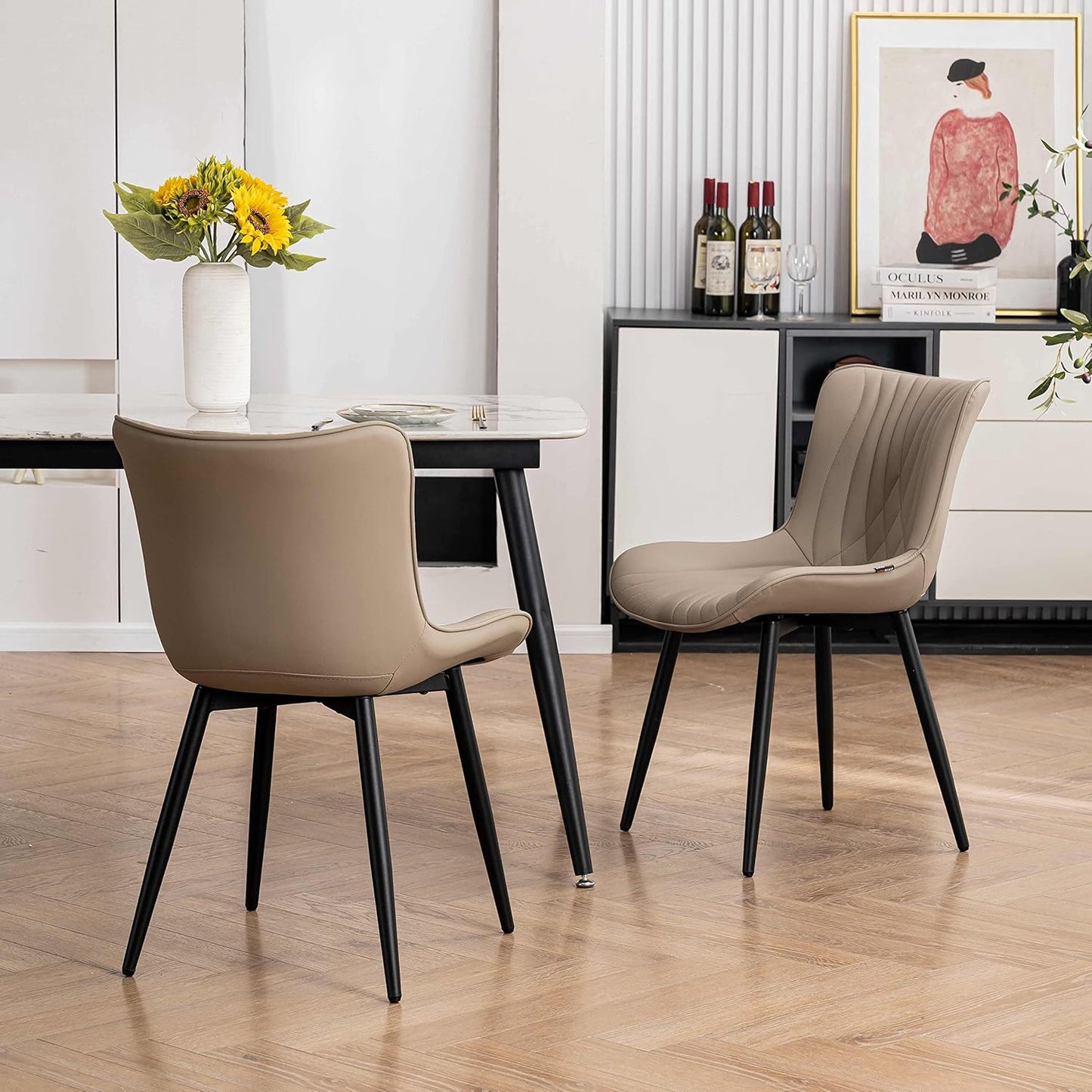 YOUTASTE Dining Chairs Set of 2 Upholstered Mid Century Modern Kitchen Dining Room Chairs Armless Faux Leather Accent Chairs Metal Vanity Lounge Chair with Back for Living Room Bedrooms,Khaki