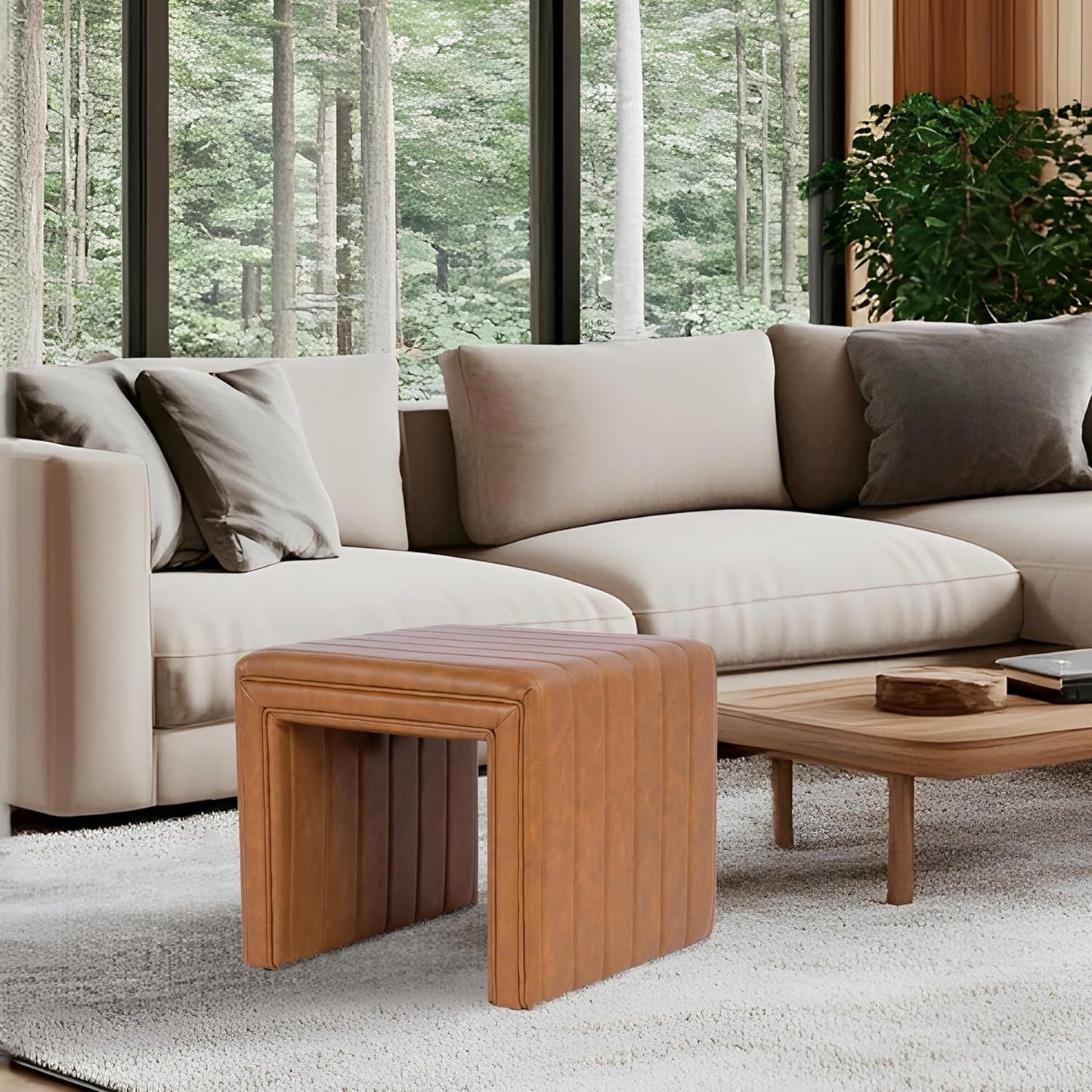 HomePop Modern Channel Tufted Faux Leather Ottoman Home Décor|Ottoman for Living Room & Bedroom - Carmel Brown