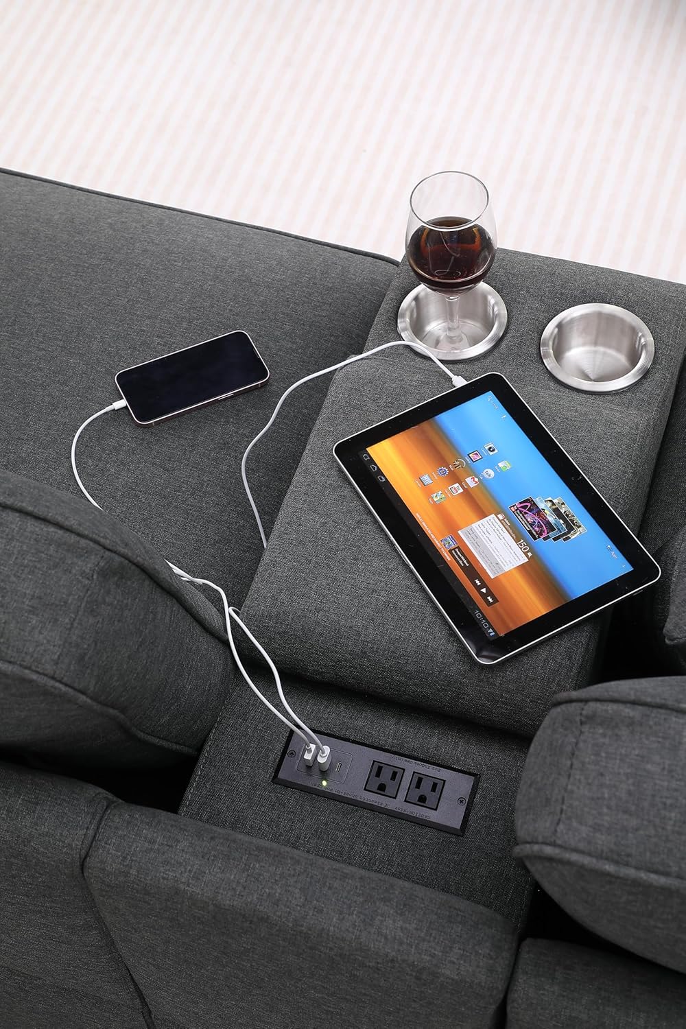 127" Modular Sectional Sofa with Movable Ottoman&Nailhead Trim Armrest,L-Shape Convertible Couch W/Cup Holder,USB Port&Hidden Storage Box,7 Seat Chenille Sectionals,6 Pillow,for Living Room,Gray