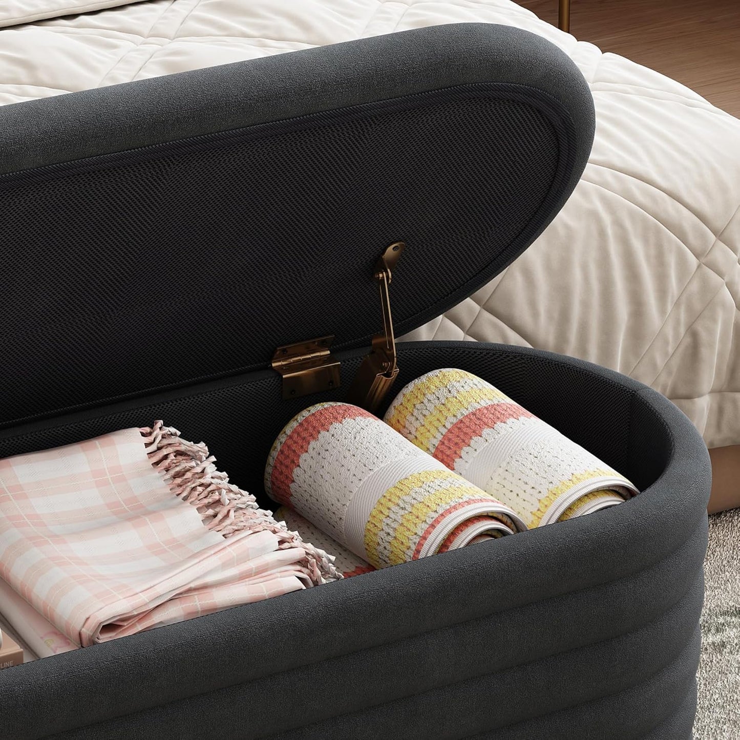 Storage Ottoman Bench 40 inch Upholstered Chenille Fabric Storage Bench for Bedroom End of Bed Stool Aesthetic Large Storag Ottoman for Living Room Entryway,Black