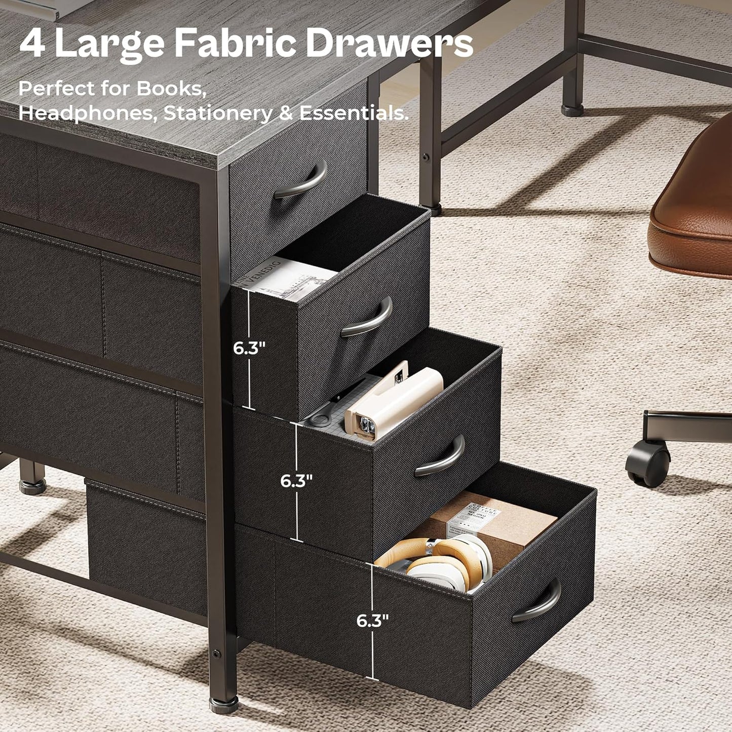 Huuger 55 Inch L Shaped Desk with Fabric Drawers, Reversible Computer Gaming Desk with Power Outlets and USB-C Port, Adjustable Side Storage Shelves, for Work Study Corner Home Office, Grey